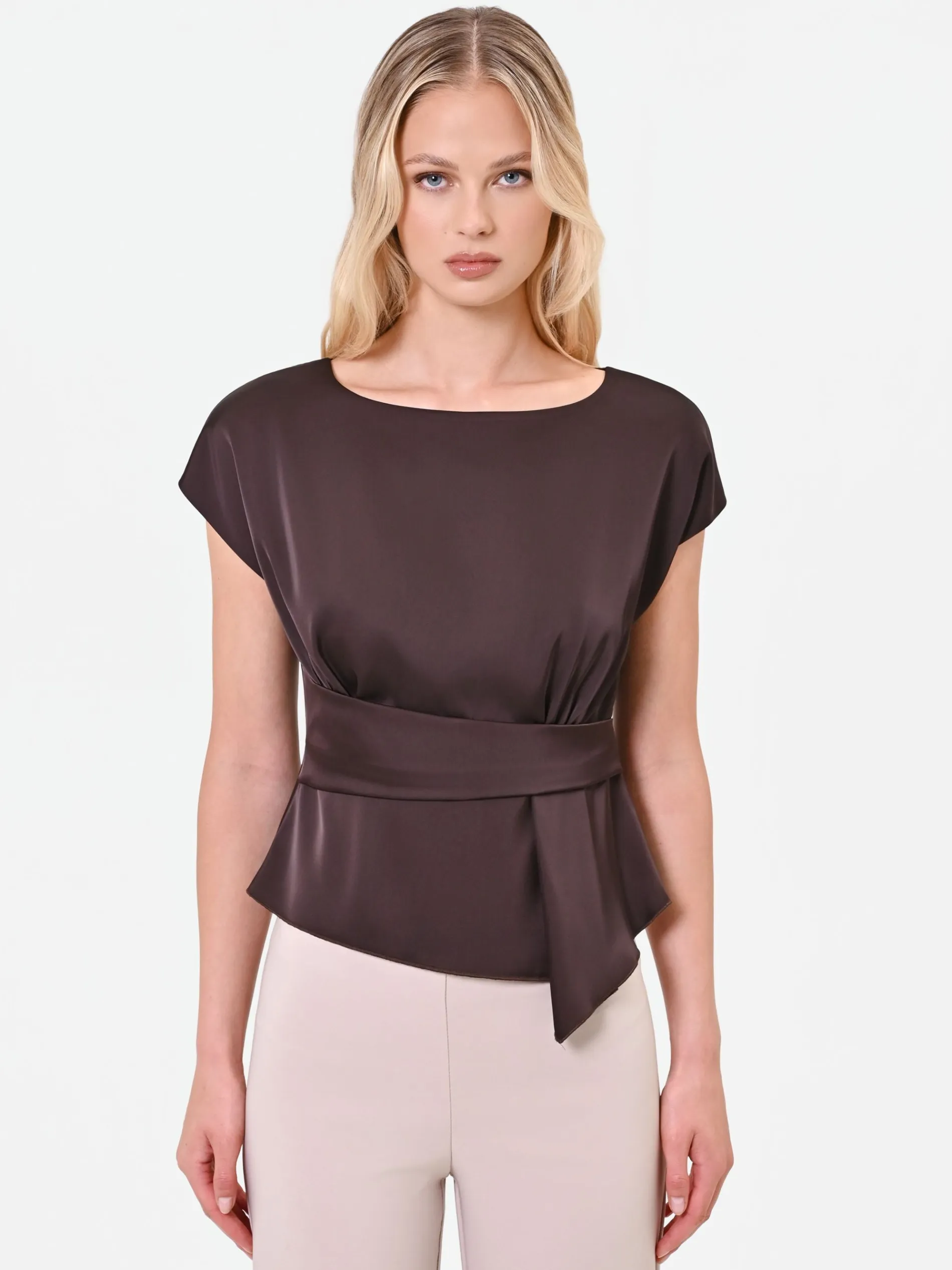 BLUSA MORO MARRONE IN RASO CON DETTAGLIO INCROCIATO