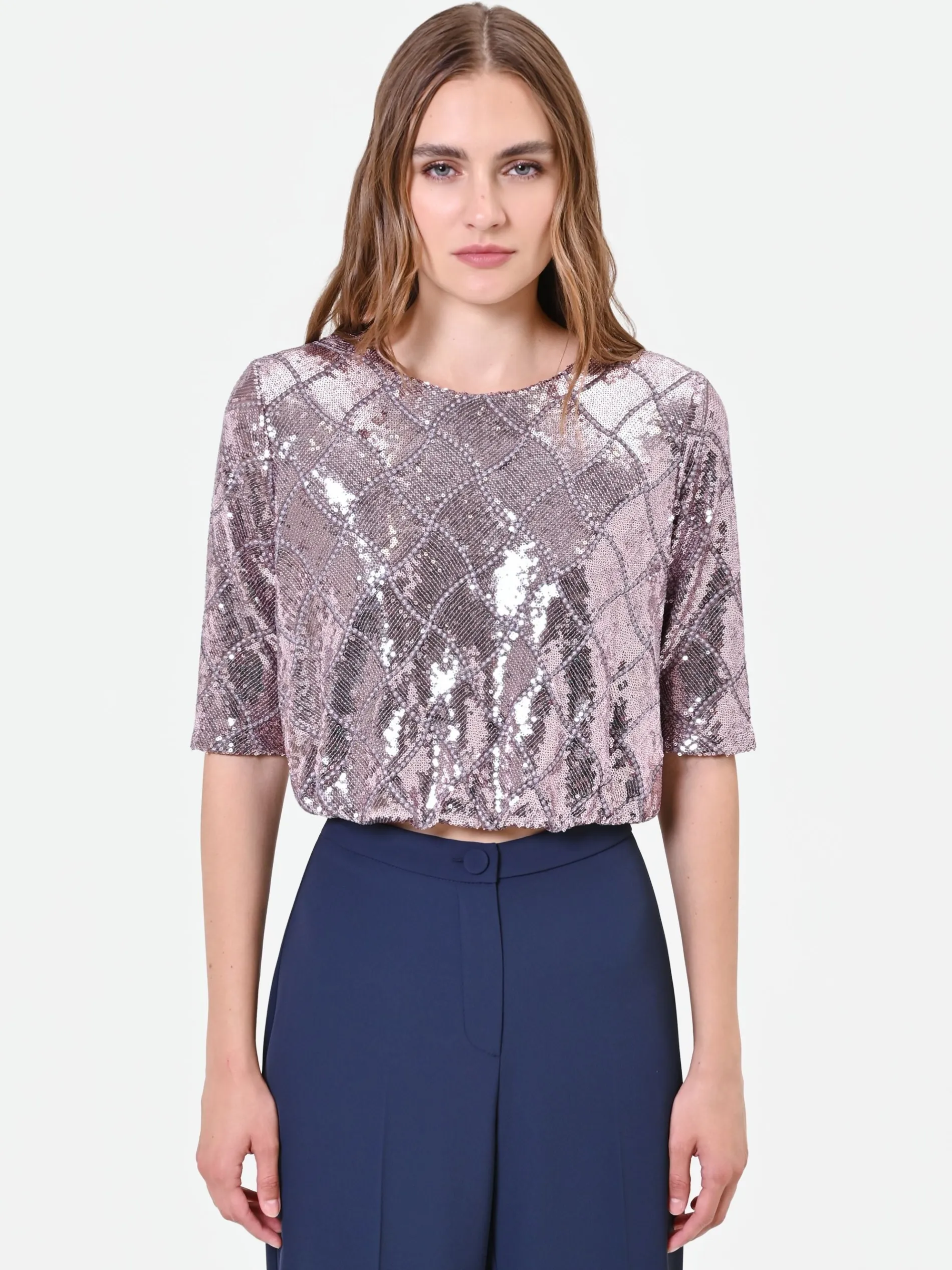 BLUSA ROSA ANTICO IN PAILLETTES CON DISEGNO A ROMBI