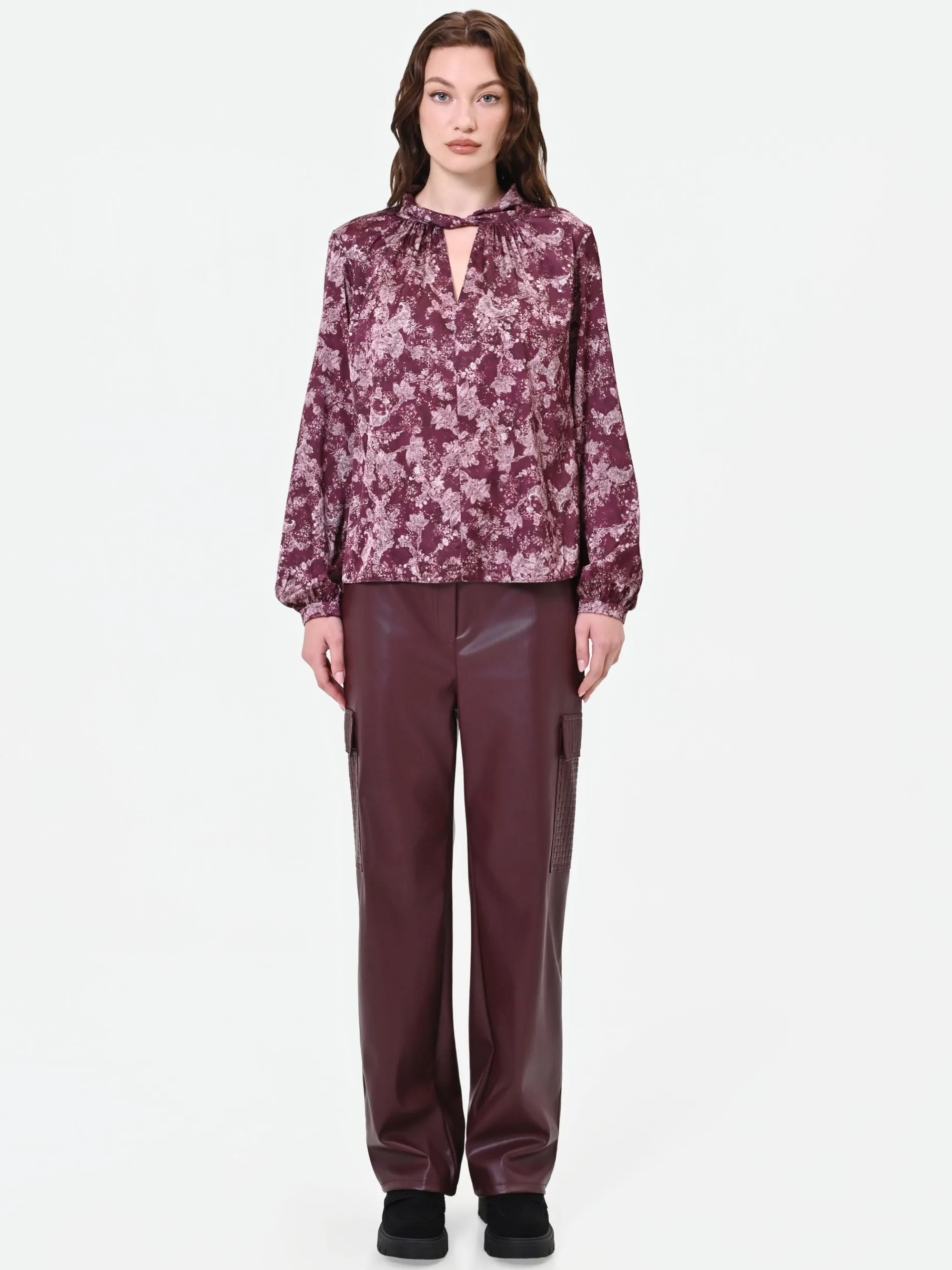 BLUSA ROSSO BORDEAUX CON FANTASIA E COLLO A TORCHON