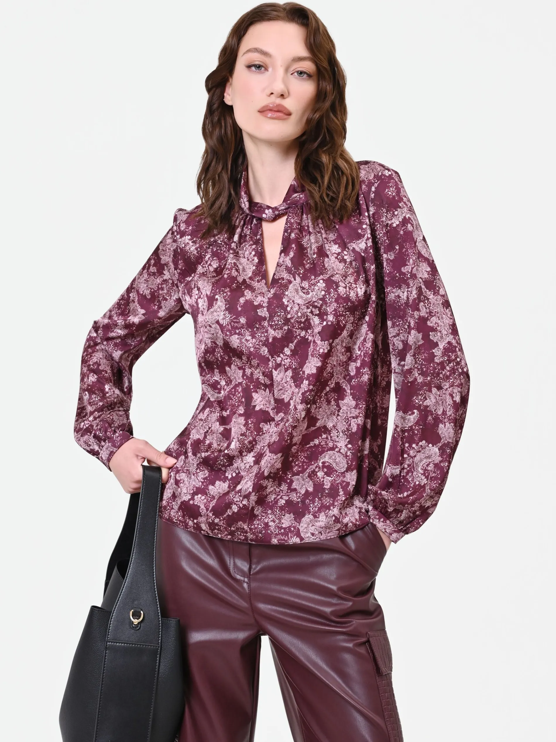 BLUSA ROSSO BORDEAUX CON FANTASIA E COLLO A TORCHON