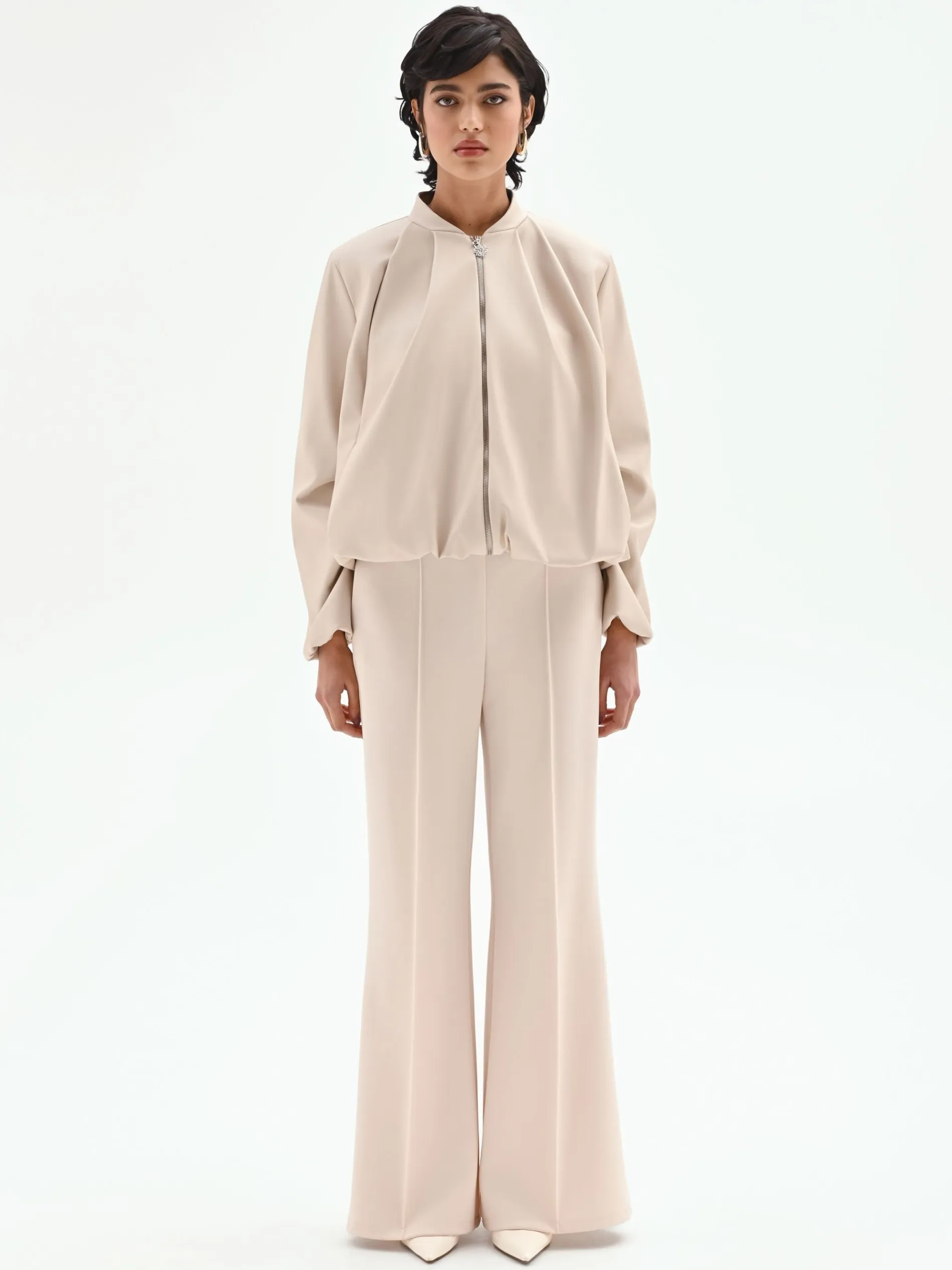 BOMBER IN SIMILPELLE TORTORA BEIGE CON MANICHE A PALLONCINO