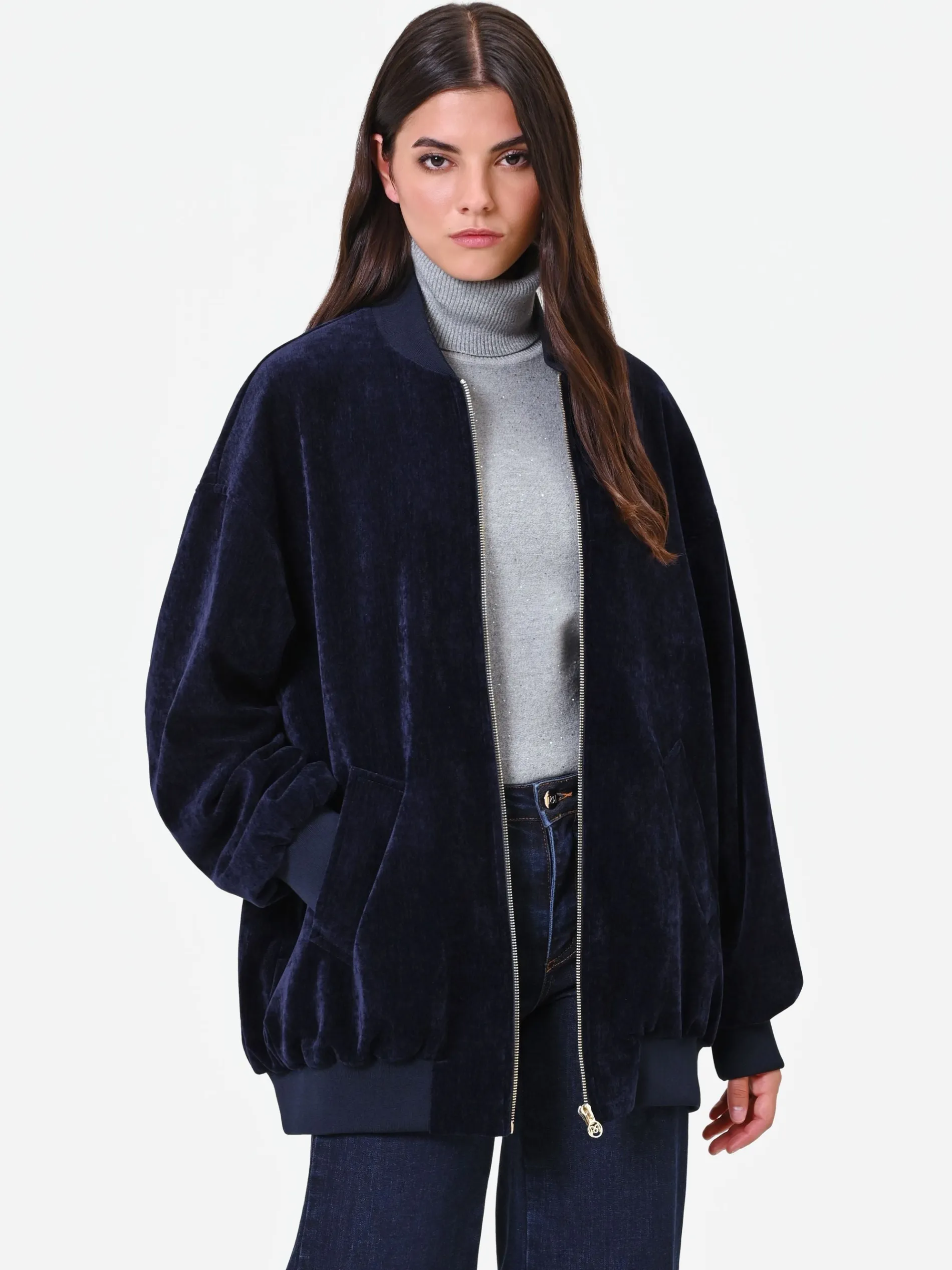 BOMBER OVERSIZE IN VELLUTO BLU NAVY