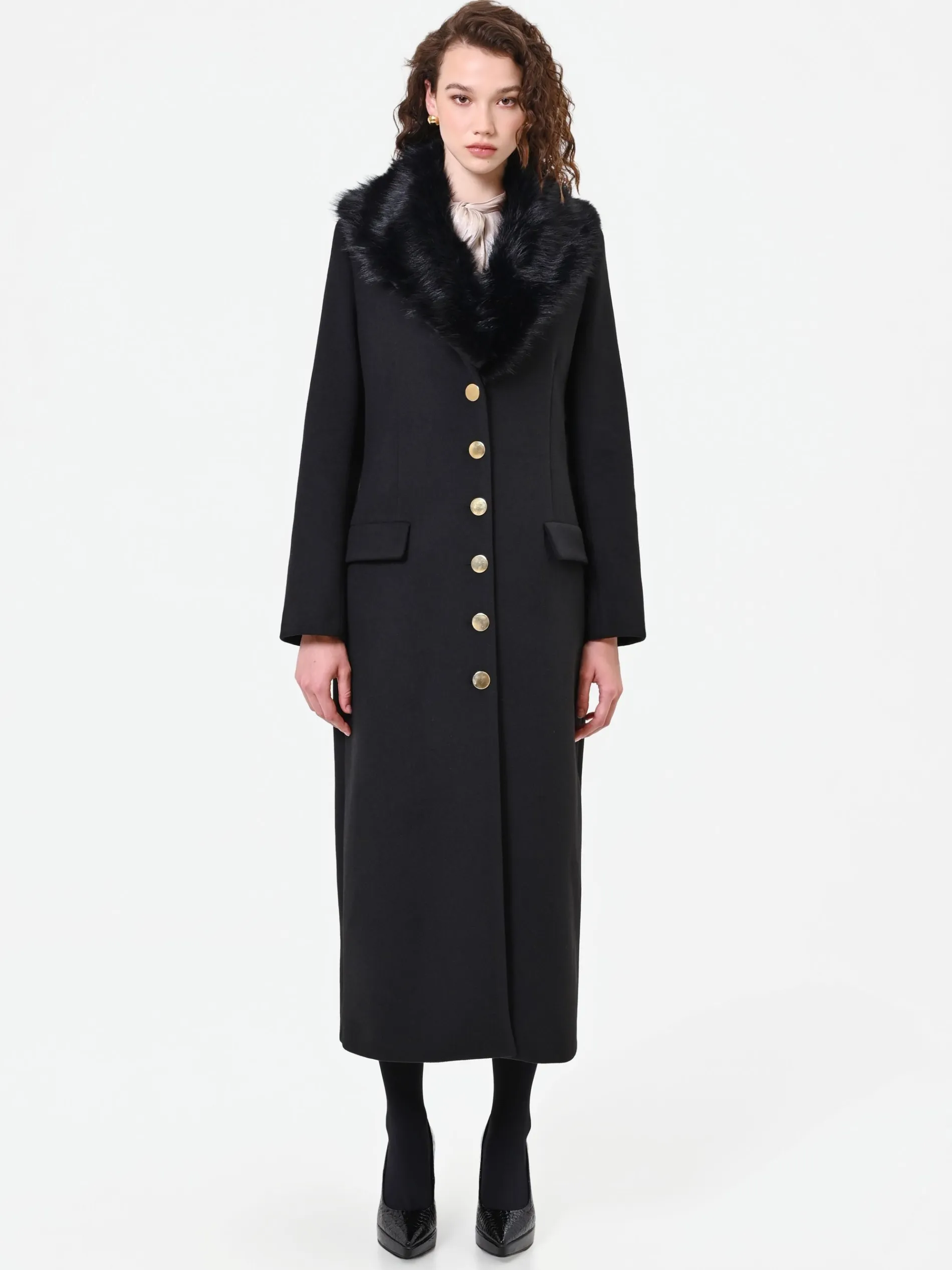 CAPPOTTO LUNGO NERO CON INSERTO EFFETTO PELLICCIA