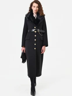 CAPPOTTO LUNGO NERO CON INSERTO EFFETTO PELLICCIA