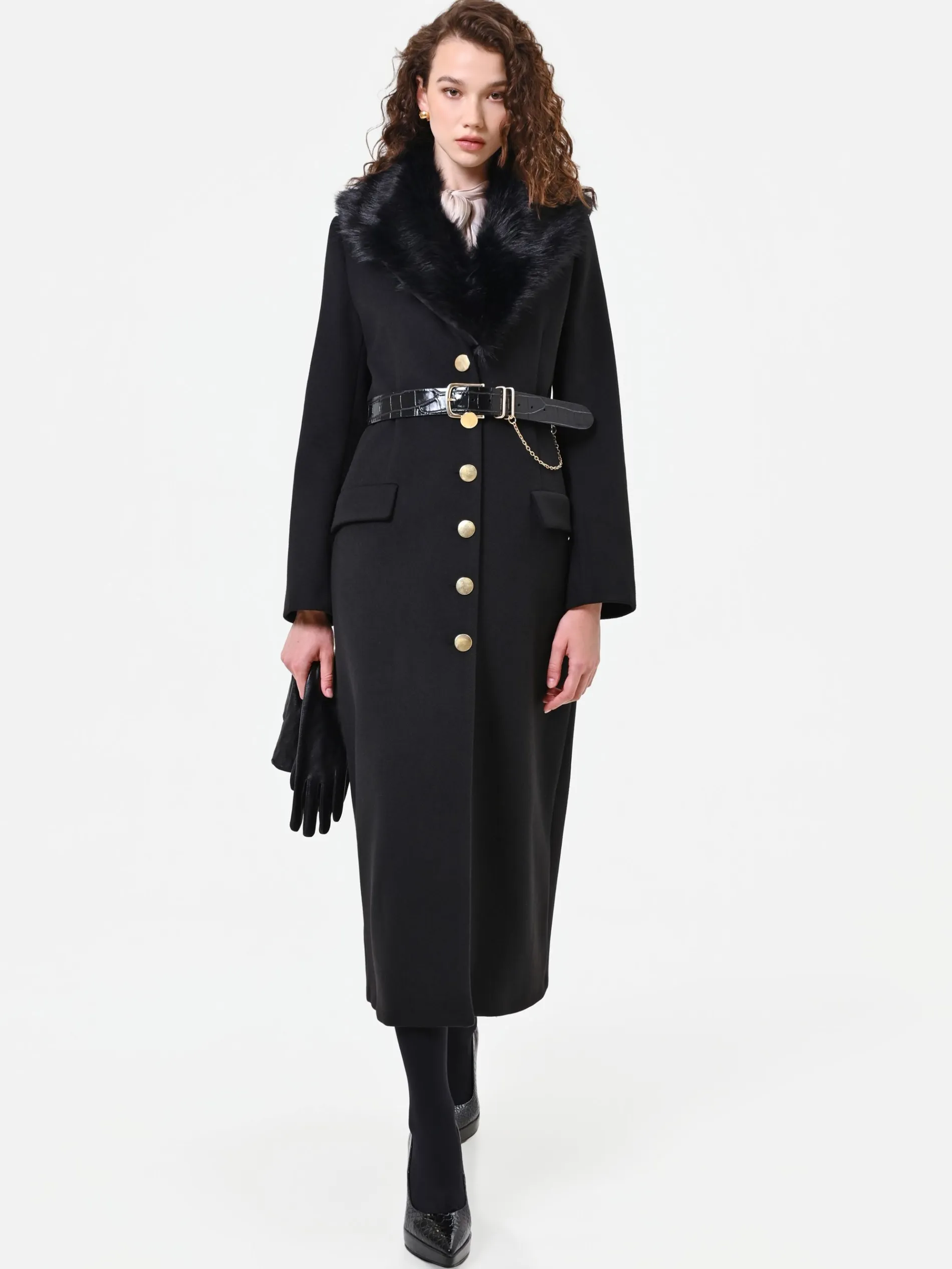 CAPPOTTO LUNGO NERO CON INSERTO EFFETTO PELLICCIA