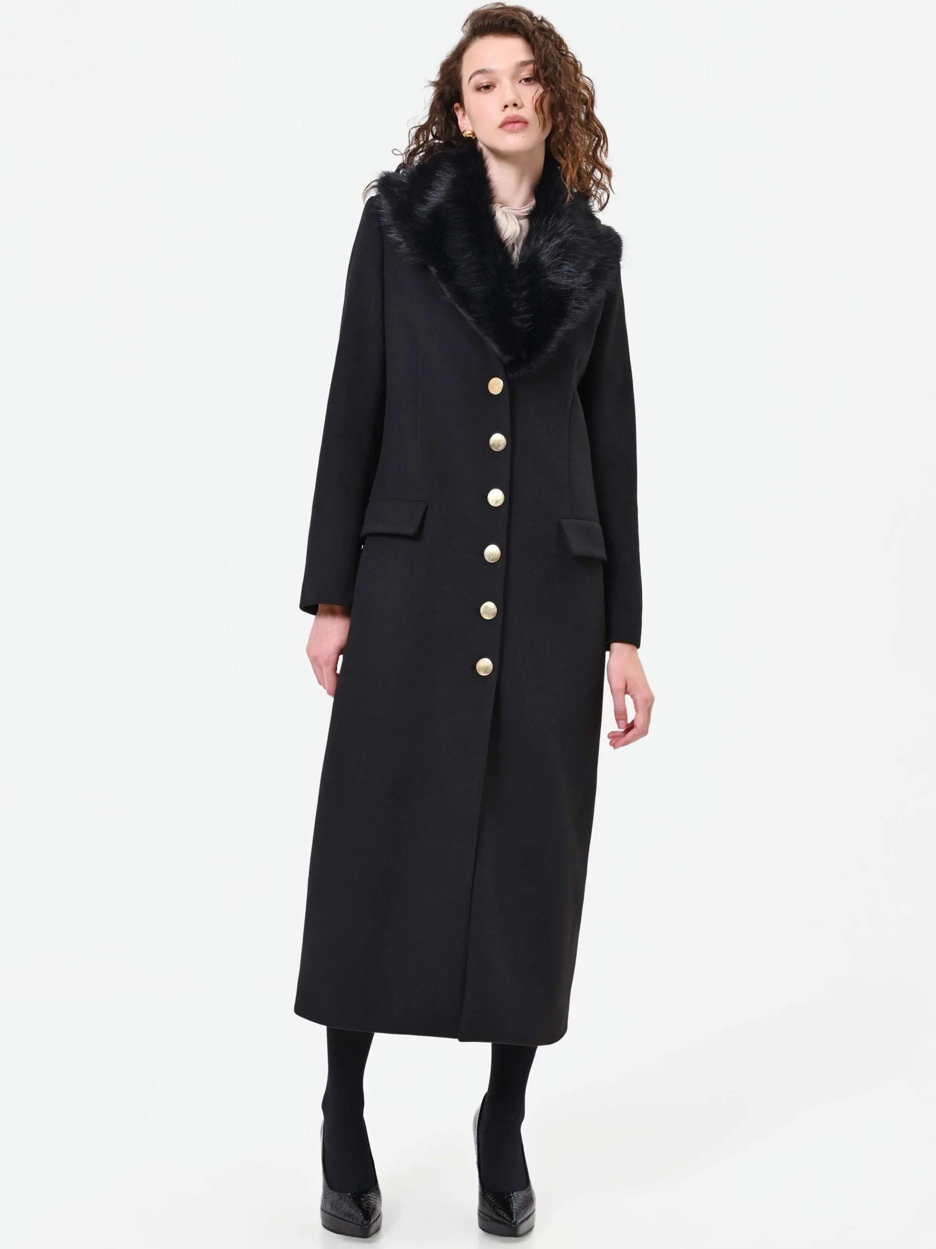 CAPPOTTO LUNGO NERO CON INSERTO EFFETTO PELLICCIA
