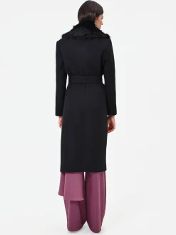 CAPPOTTO MIDI NERO CON COLLO EFFETTO PELLICCIA