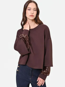 FELPA MARRONE CON MANICA DOPPIA IN PAILLETTES