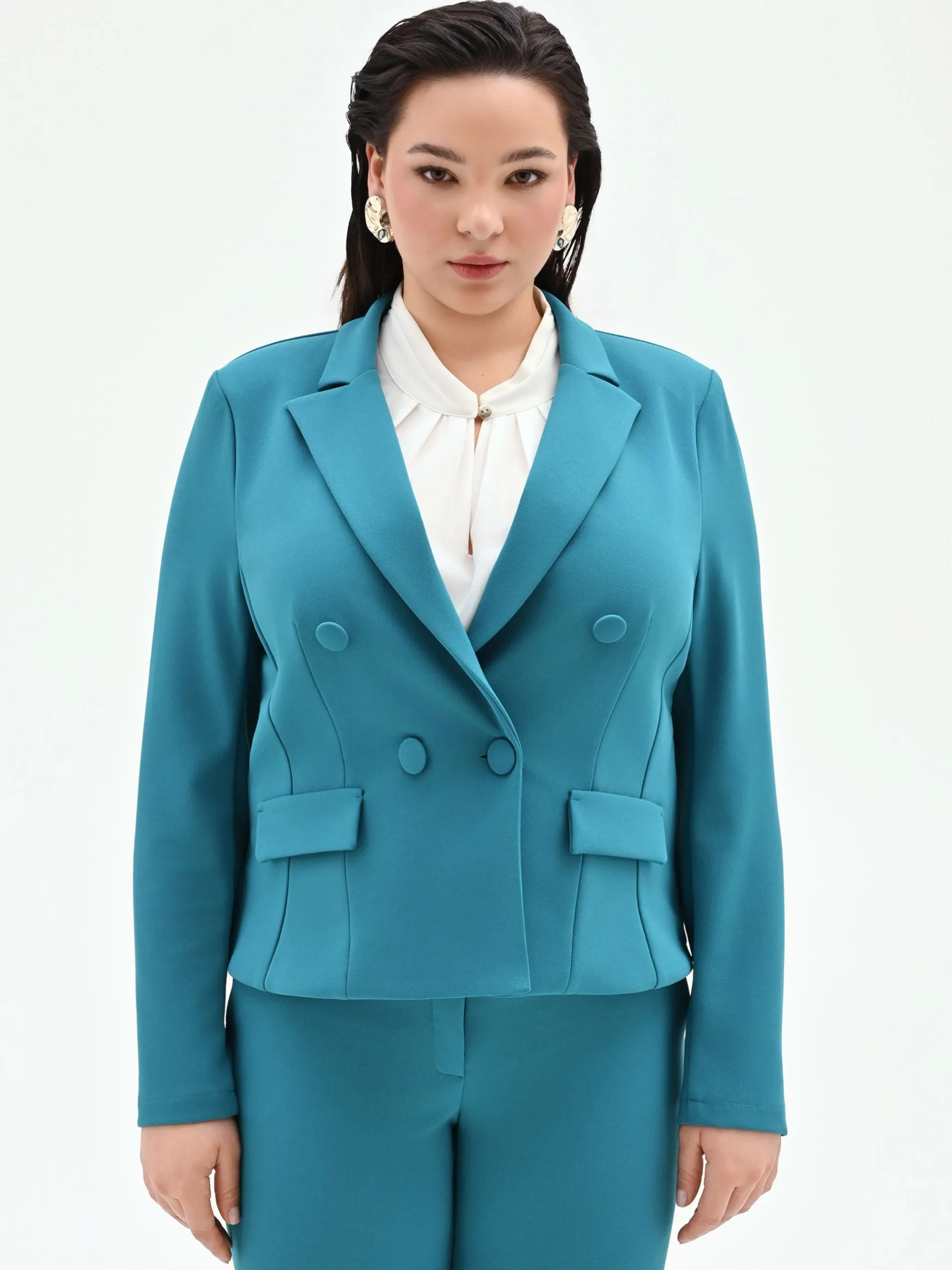 GIACCA CURVY DOPPIOPETTO BLU OTTANIO IN SCUBA MANO CREPE
