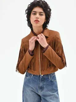 GIACCA EFFETTO CAMOSCIO CAMMELLO BEIGE CON FRANGE
