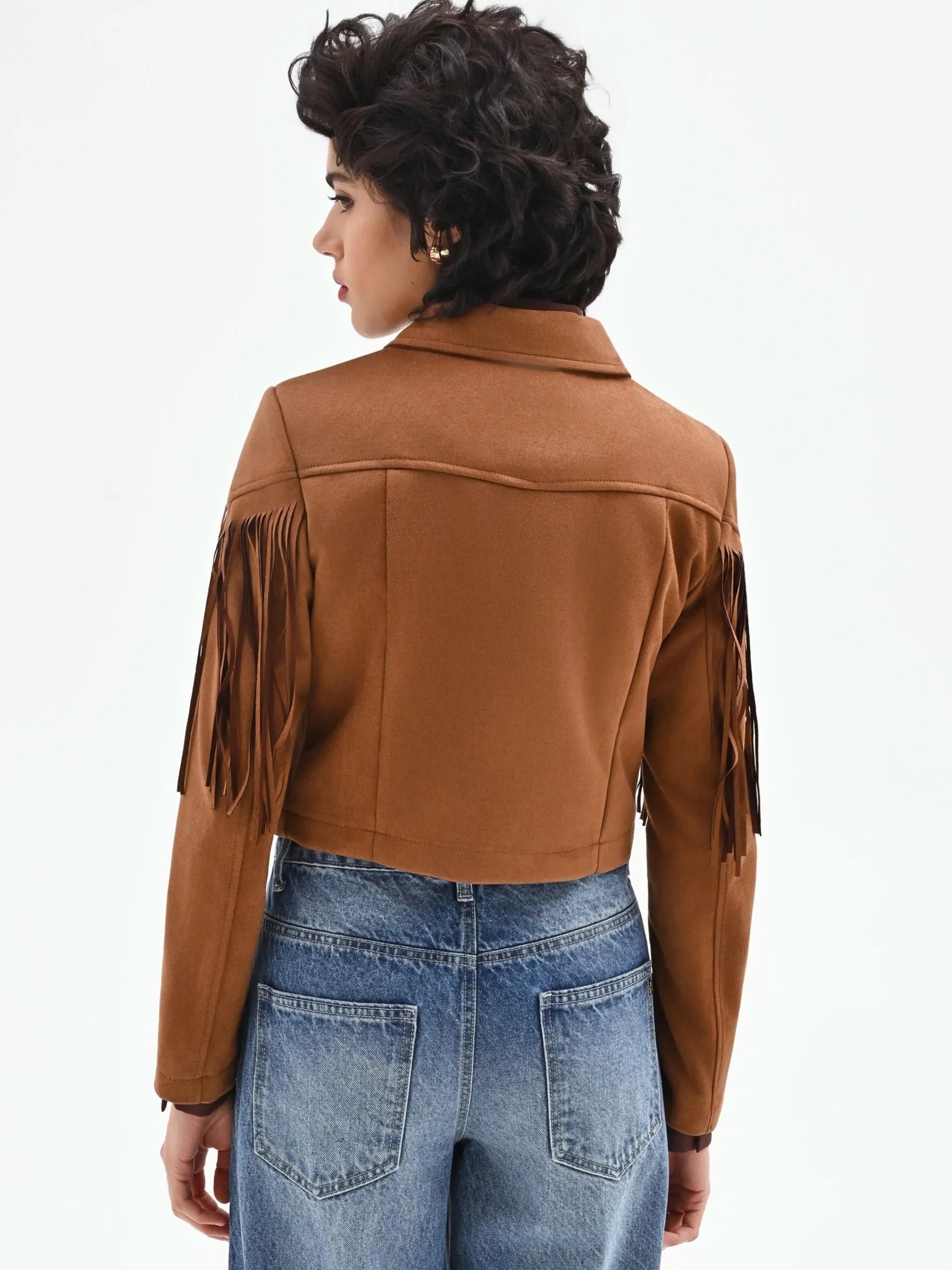 GIACCA EFFETTO CAMOSCIO CAMMELLO BEIGE CON FRANGE