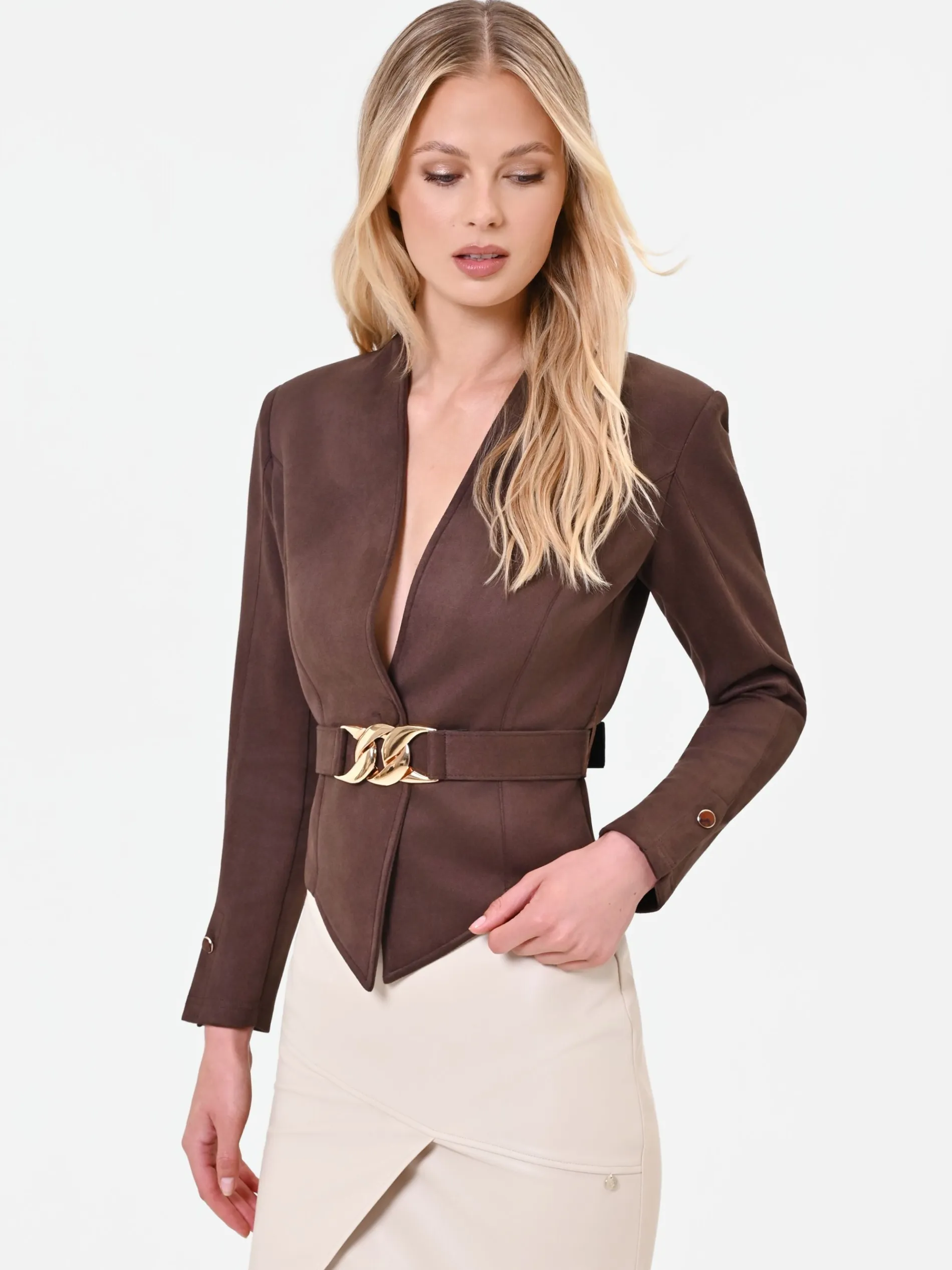 GIACCA MARRONE CON FOULARD EFFETTO CAMOSCIO