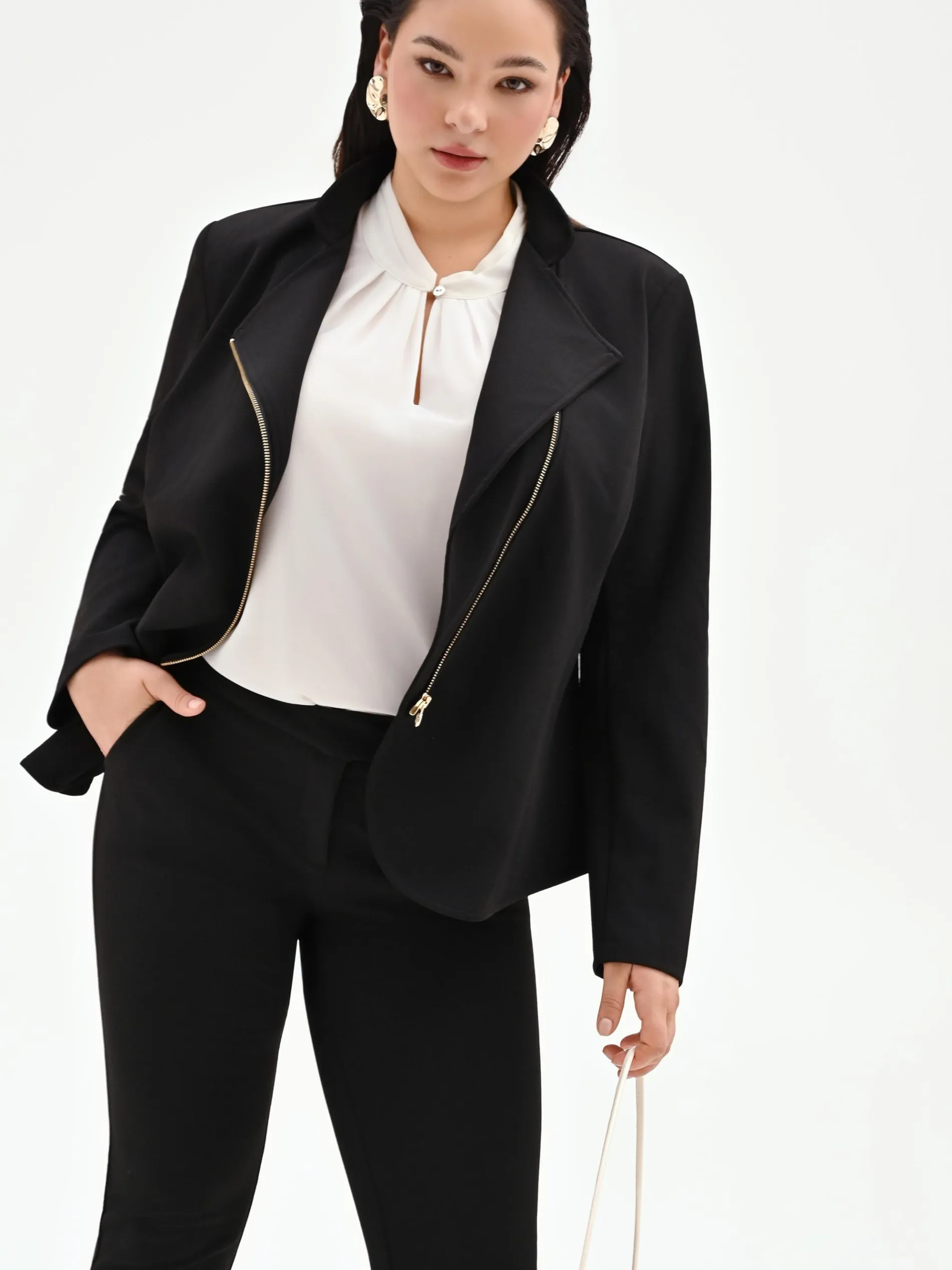 GIACCA NERA CURVY CON ZIP IN SCUBA MANO CREPE
