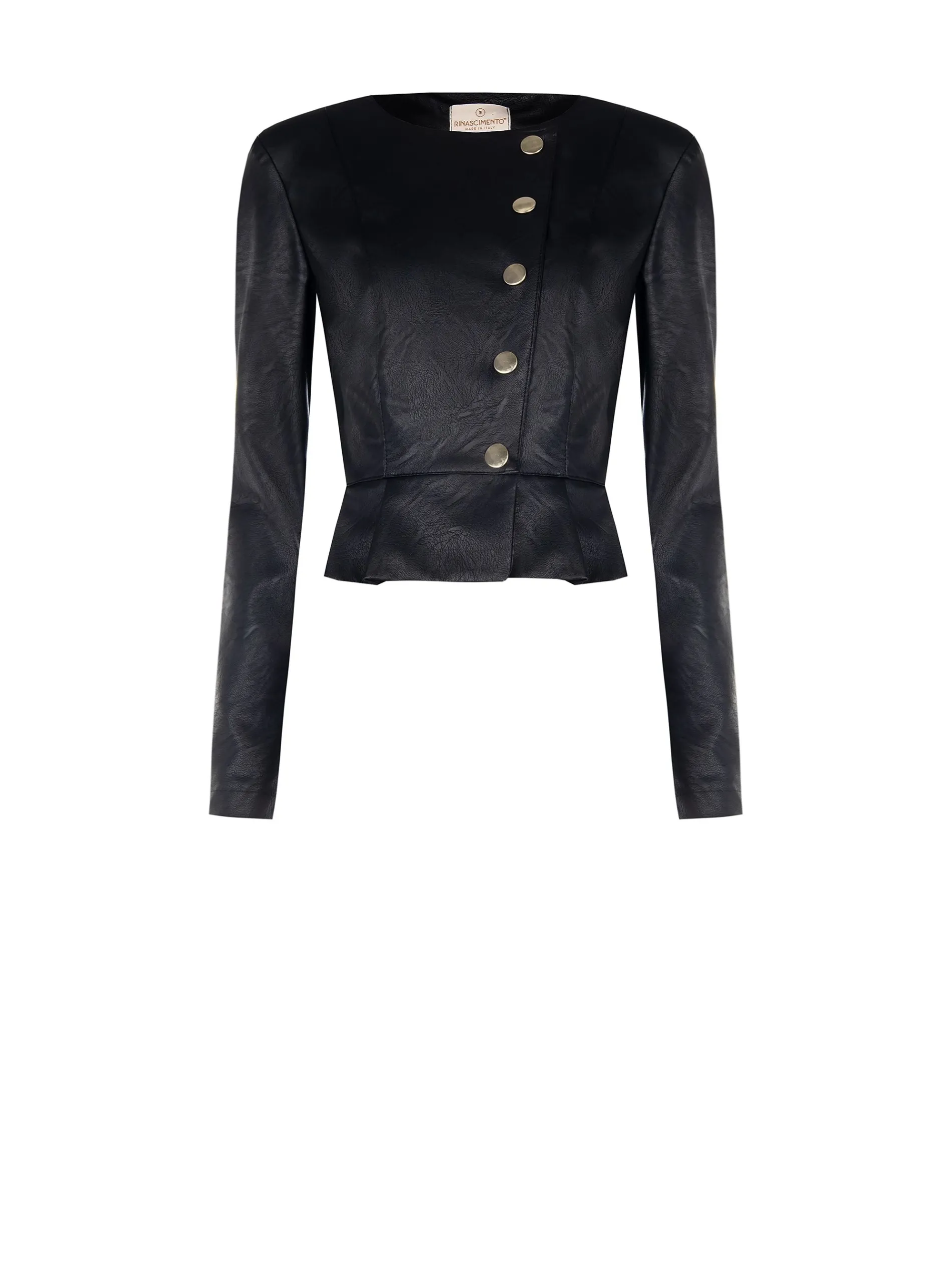 GIACCA NERA IN SIMILPELLE CON SILHOUETTE A PEPLO
