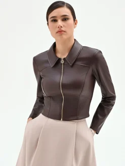 GIACCA SIMILPELLE MARRONE CON COLLETTO