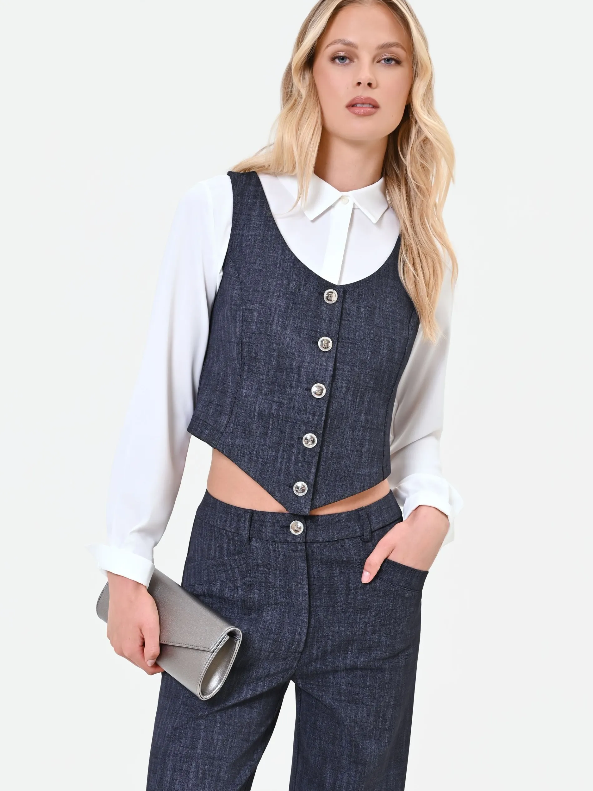 GILET BLU NAVY CON BOTTONI GIOIELLO