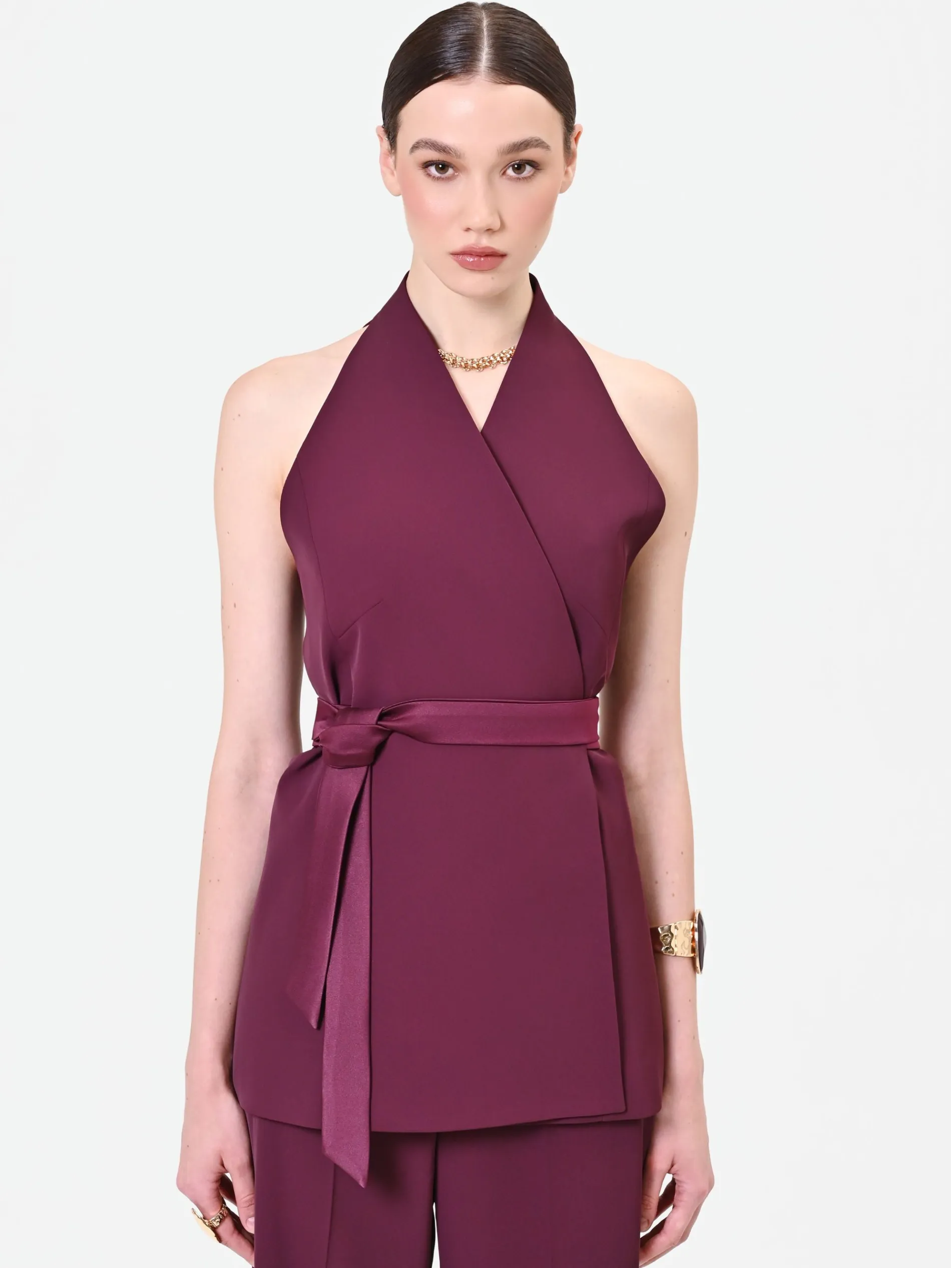 GILET BORDEAUX ROSSO CON CINTURA IN VITA