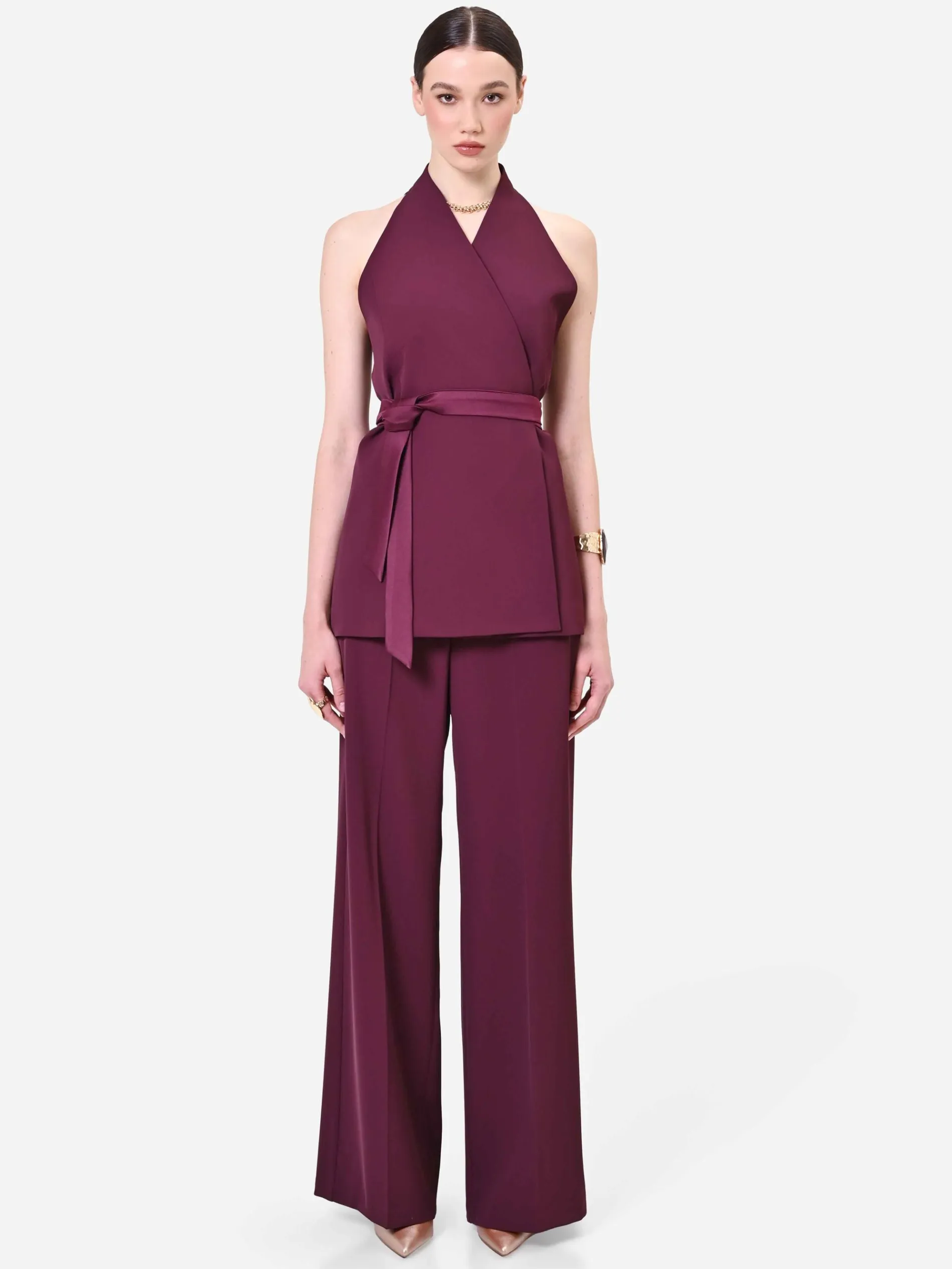 GILET BORDEAUX ROSSO CON CINTURA IN VITA