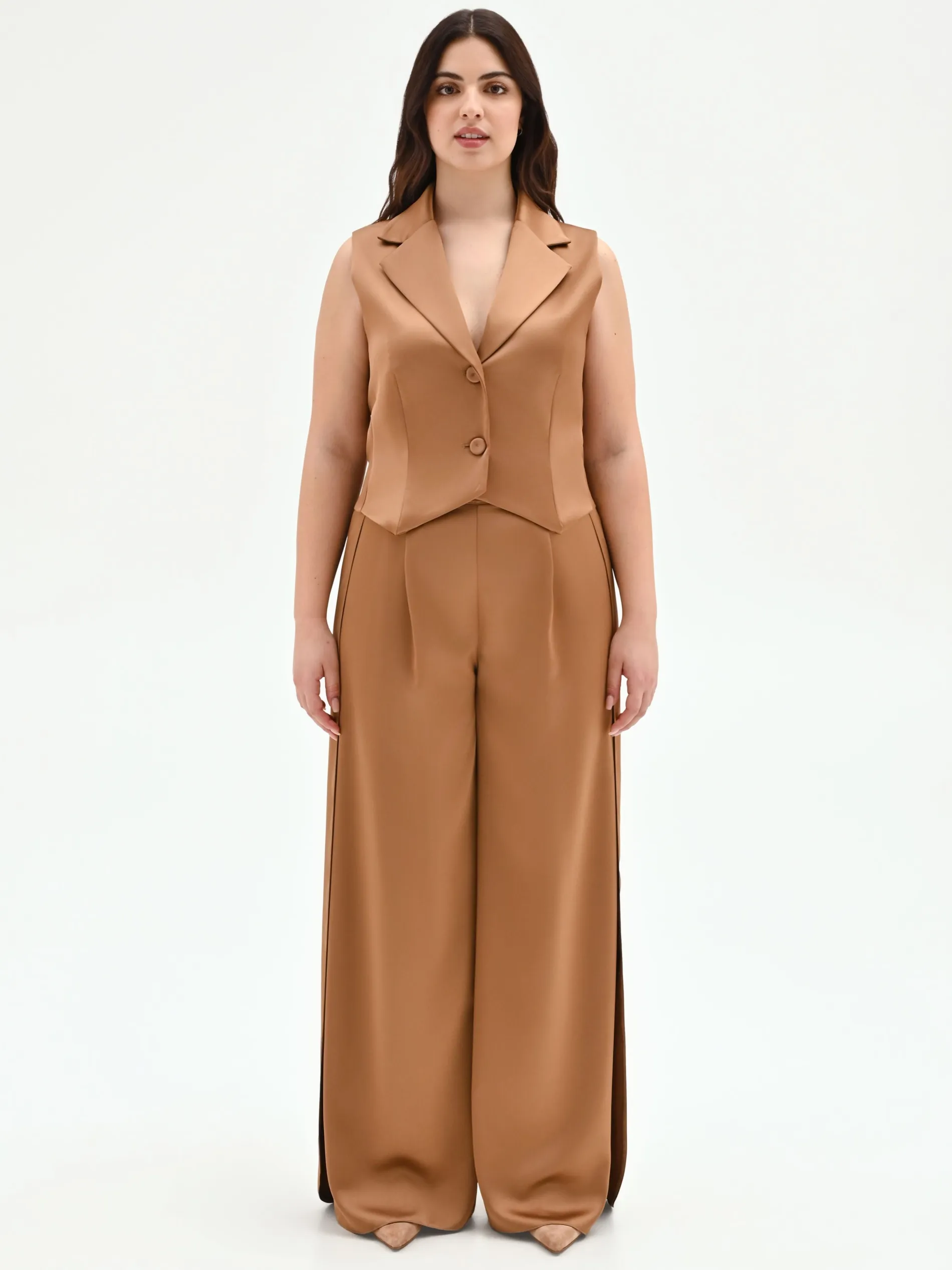 GILET CURVY MARRONE BRONZO IN RASO CON REVER