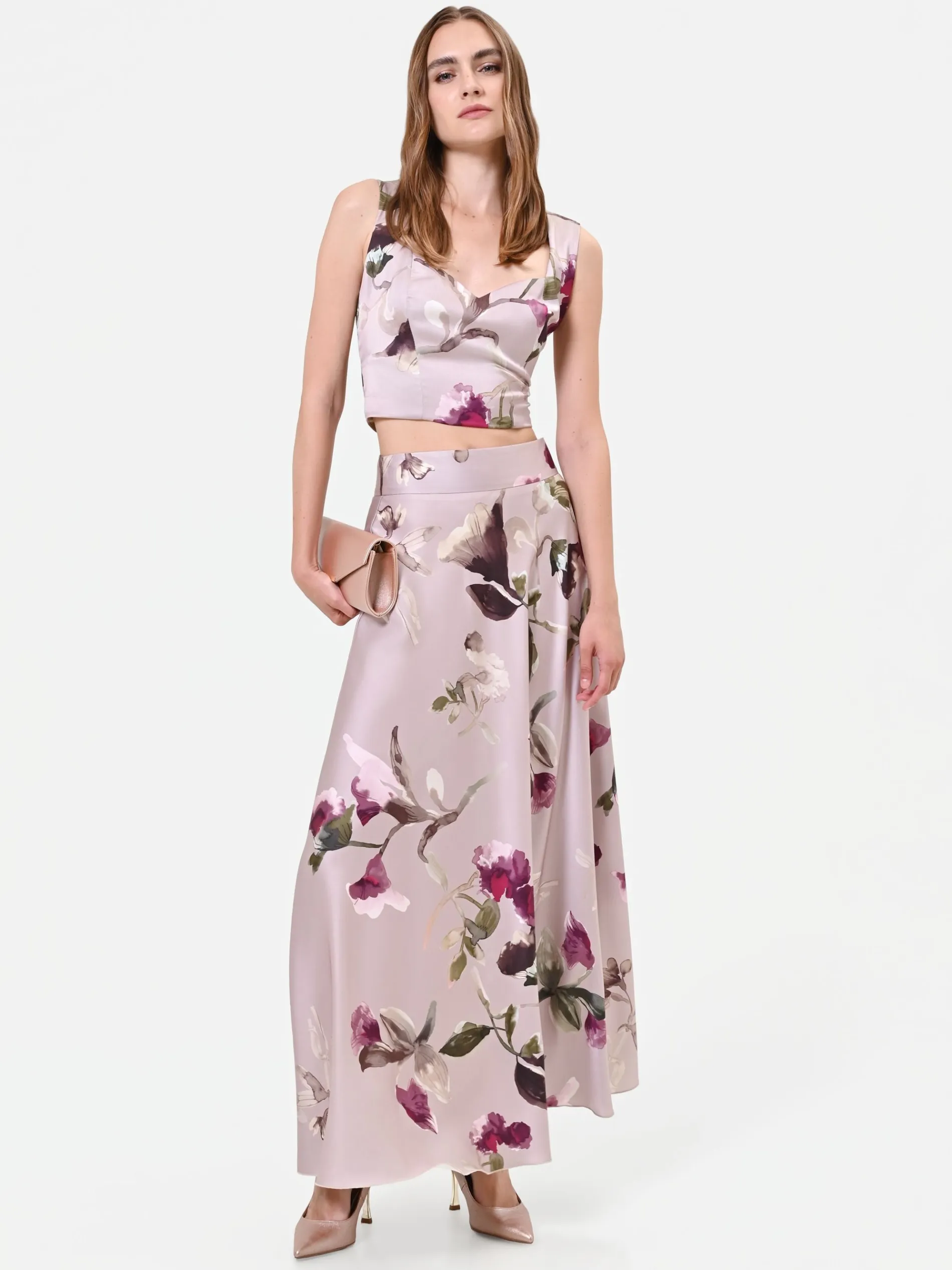 GONNA LUNGA IN RASO STAMPA FLOREALE TORTORA BEIGE