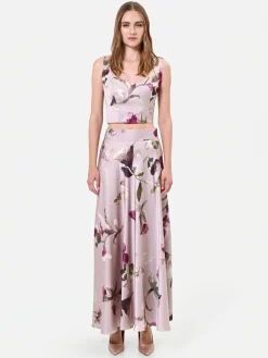 GONNA LUNGA IN RASO STAMPA FLOREALE TORTORA BEIGE