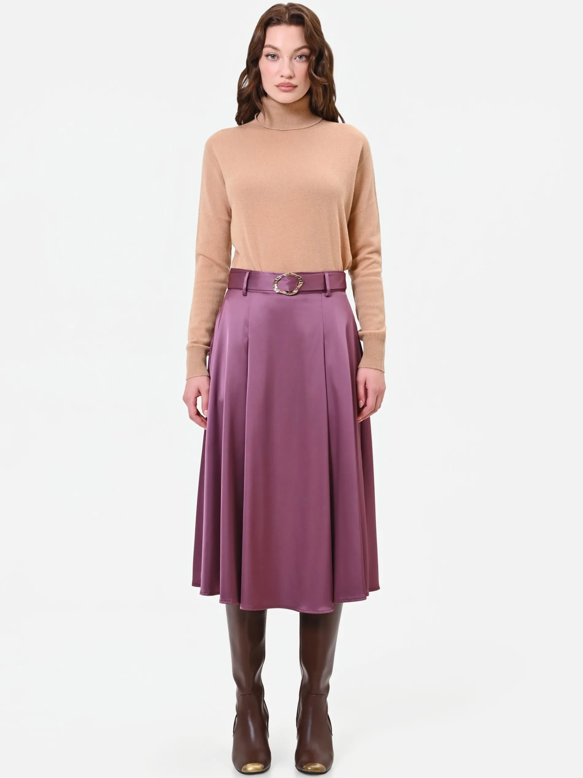 GONNA MIDI IN RASO ROSA ANTICO CON CINTURA