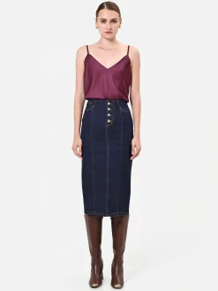 GONNA TUBINO BLU NAVY IN DENIM CON BOTTONI DORATI