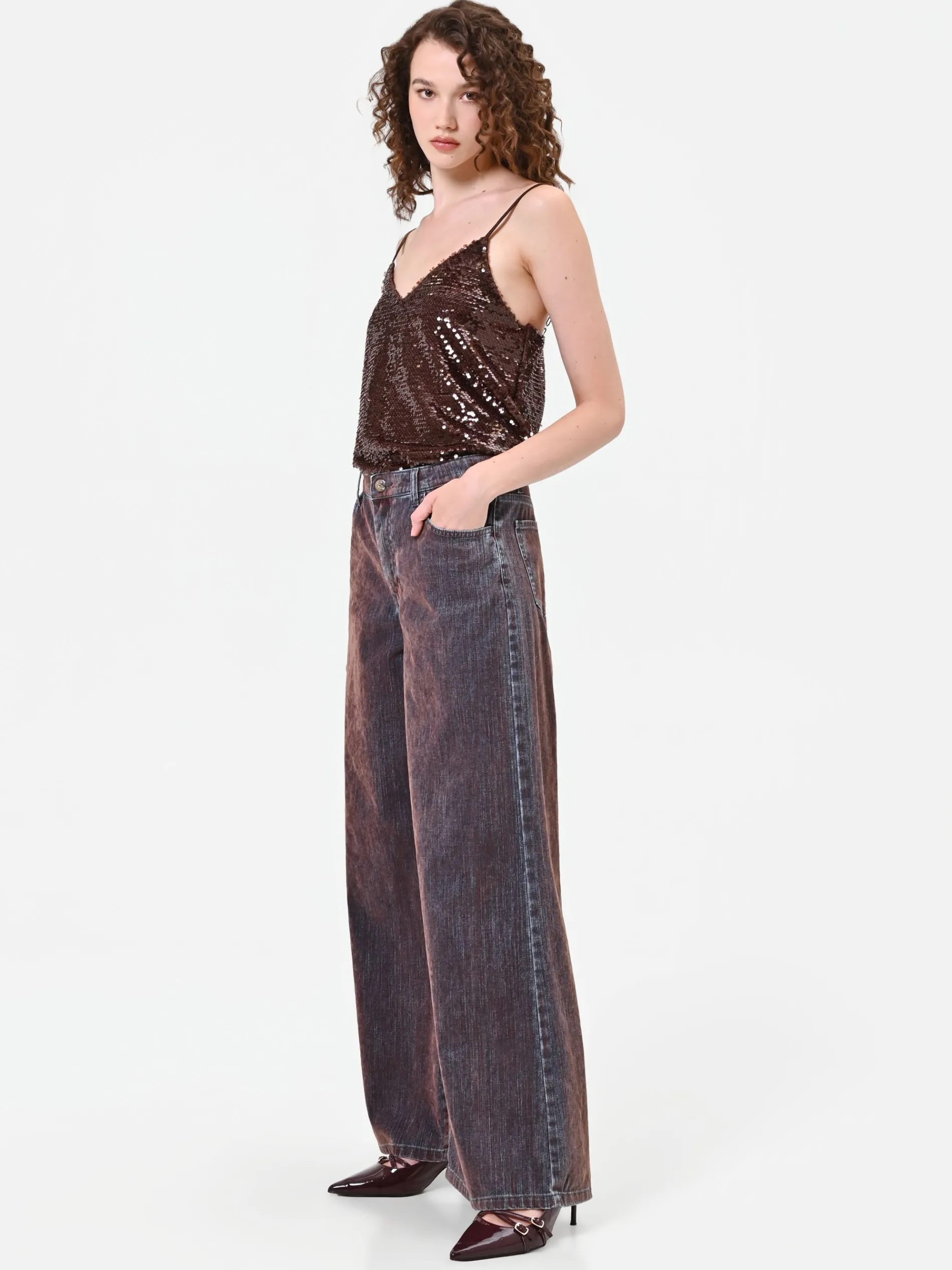 JEANS PALAZZO MARRONE CON BANDA A CONTRASTO