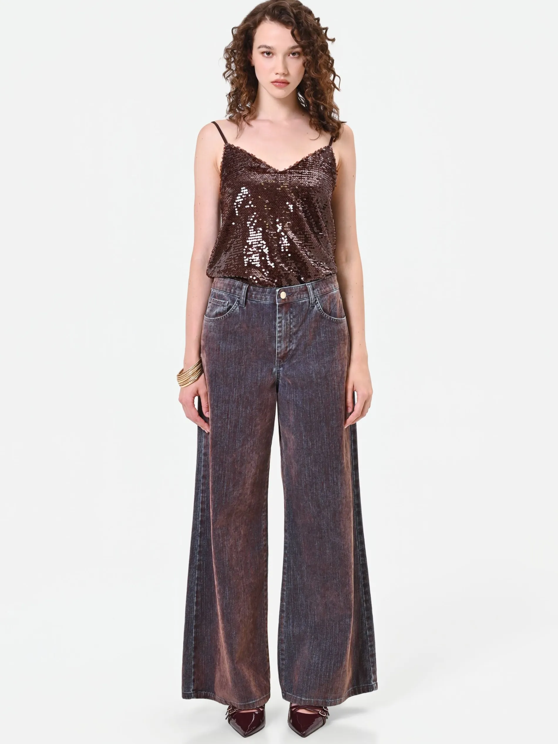 JEANS PALAZZO MARRONE CON BANDA A CONTRASTO