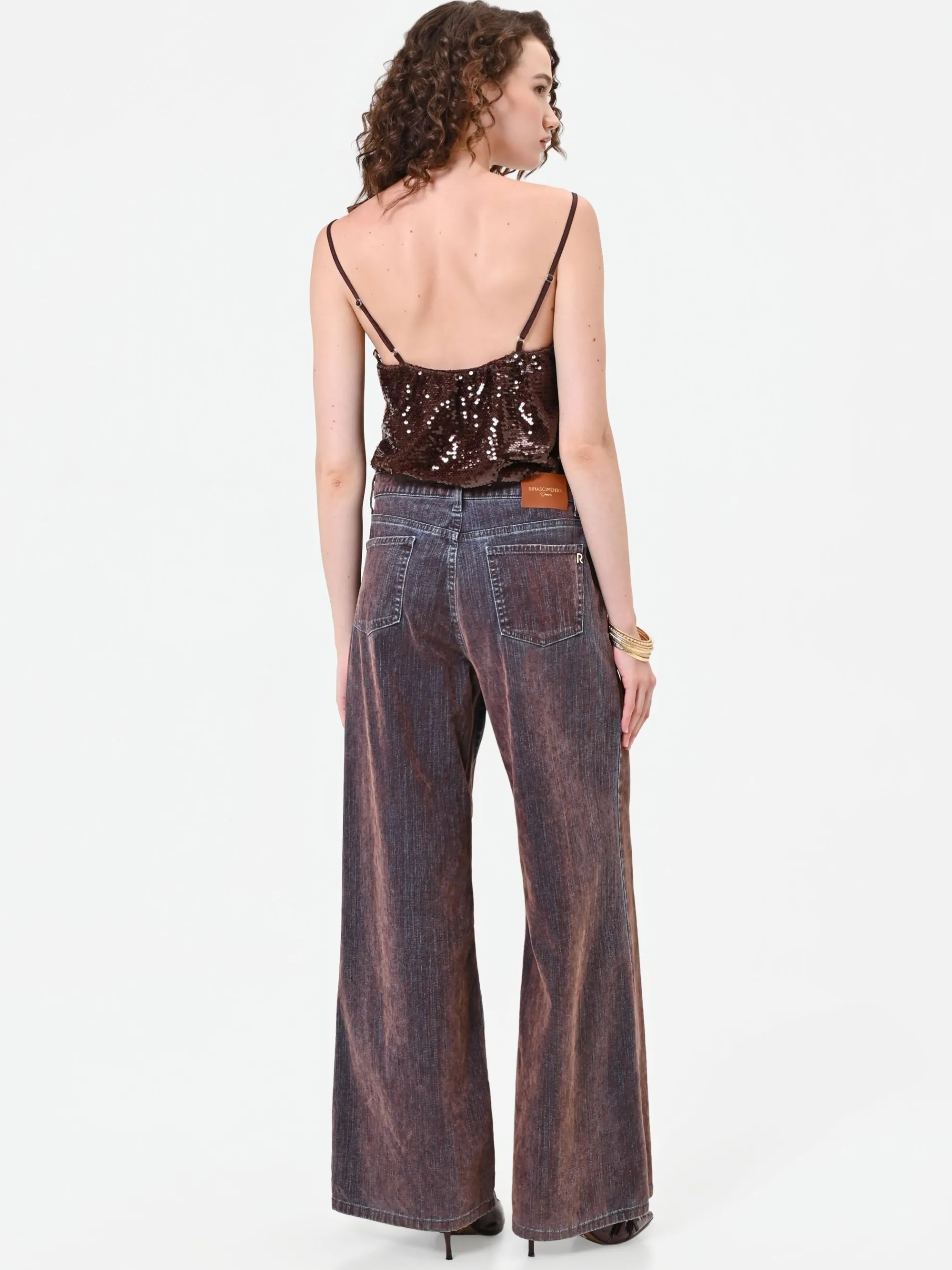 JEANS PALAZZO MARRONE CON BANDA A CONTRASTO