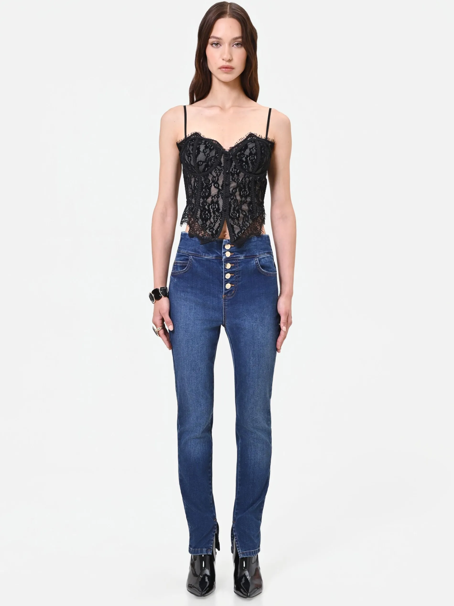 JEANS SKINNY BLU CON BOTTONI PIATTI