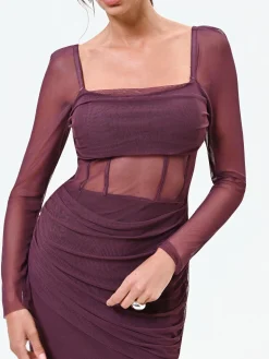 MINI ABITO BORDEAUX ROSSO IN TULLE CON CORPETTO STECCATO