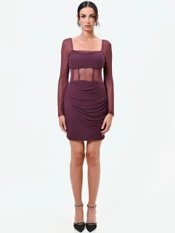 MINI ABITO BORDEAUX ROSSO IN TULLE CON CORPETTO STECCATO