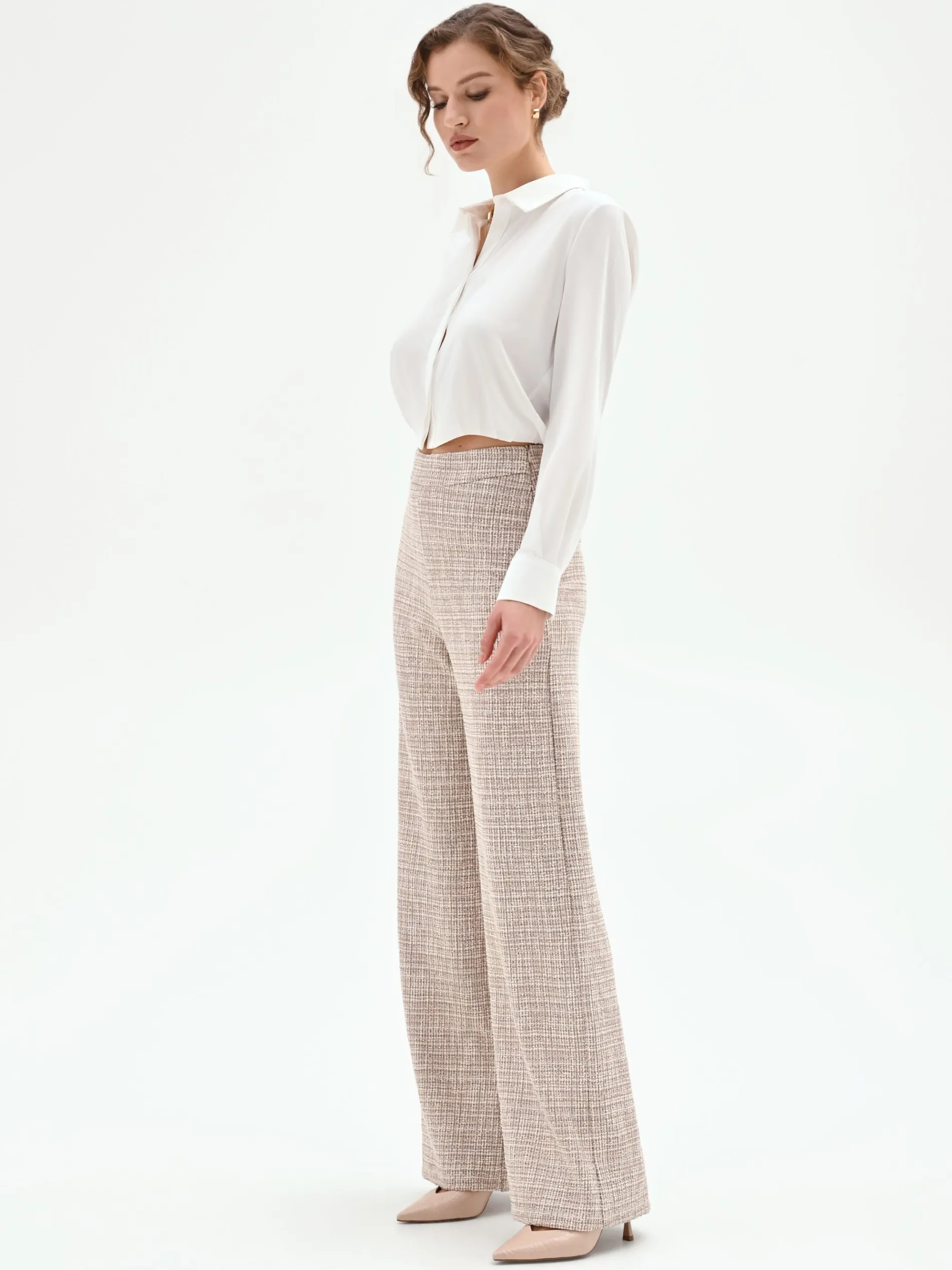 PANTALONE A PALAZZO BEIGE CHIARO EFFETTO TWEED