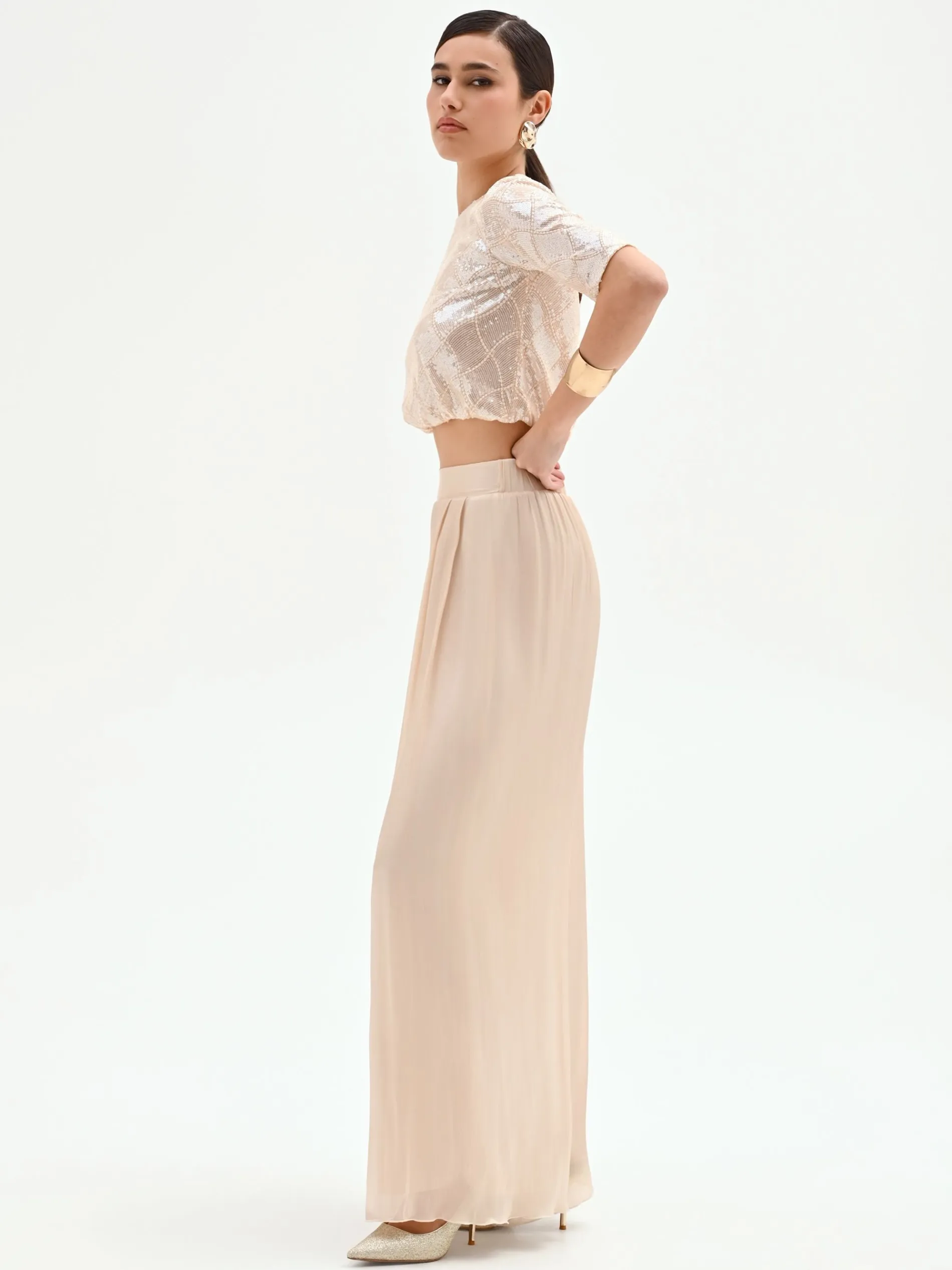 PANTALONE A PALAZZO BEIGE CHIARO IN RASO CANGIANTE