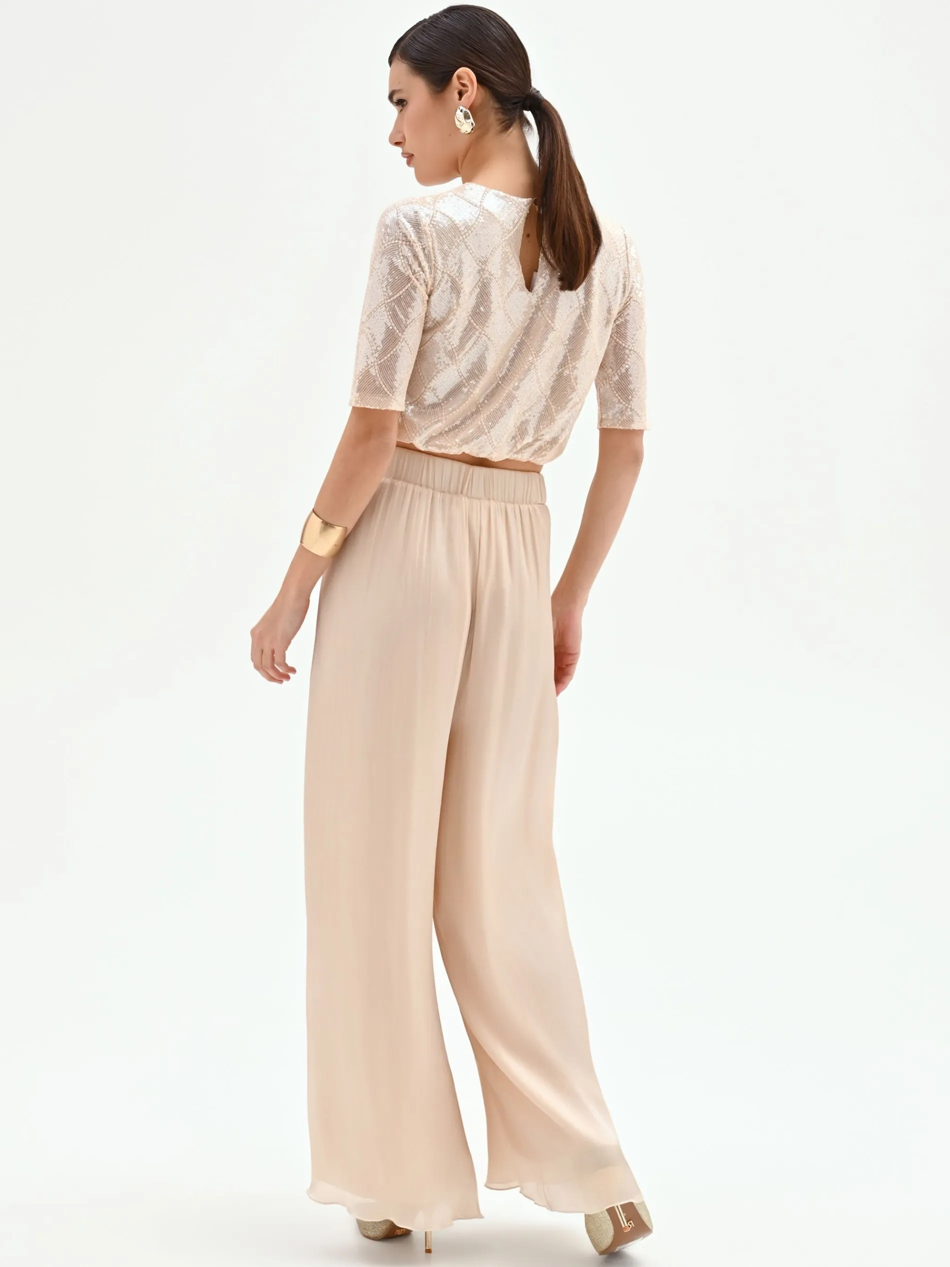 PANTALONE A PALAZZO BEIGE CHIARO IN RASO CANGIANTE