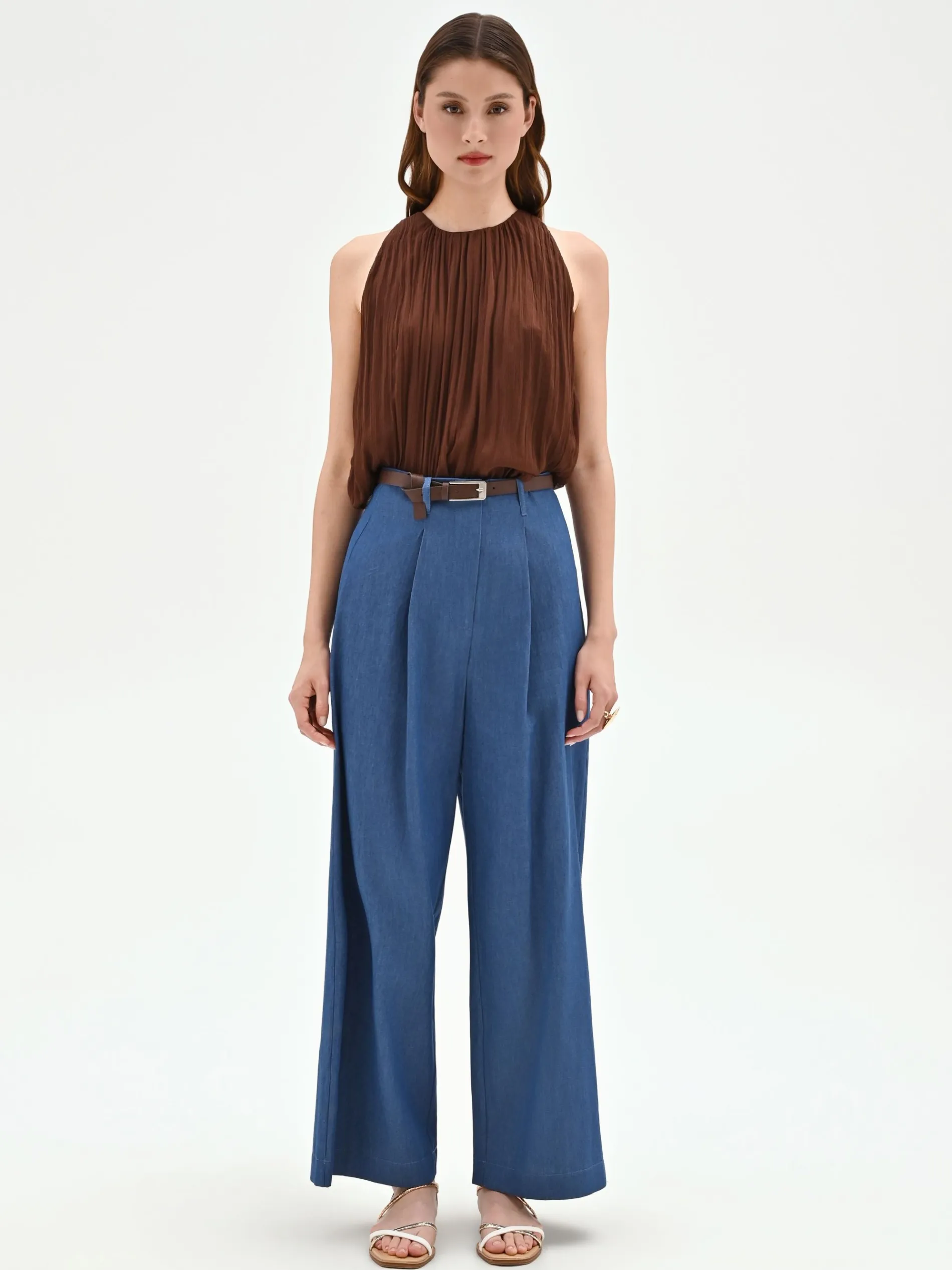 PANTALONE A PALAZZO BLU INDACO CON CINTURA
