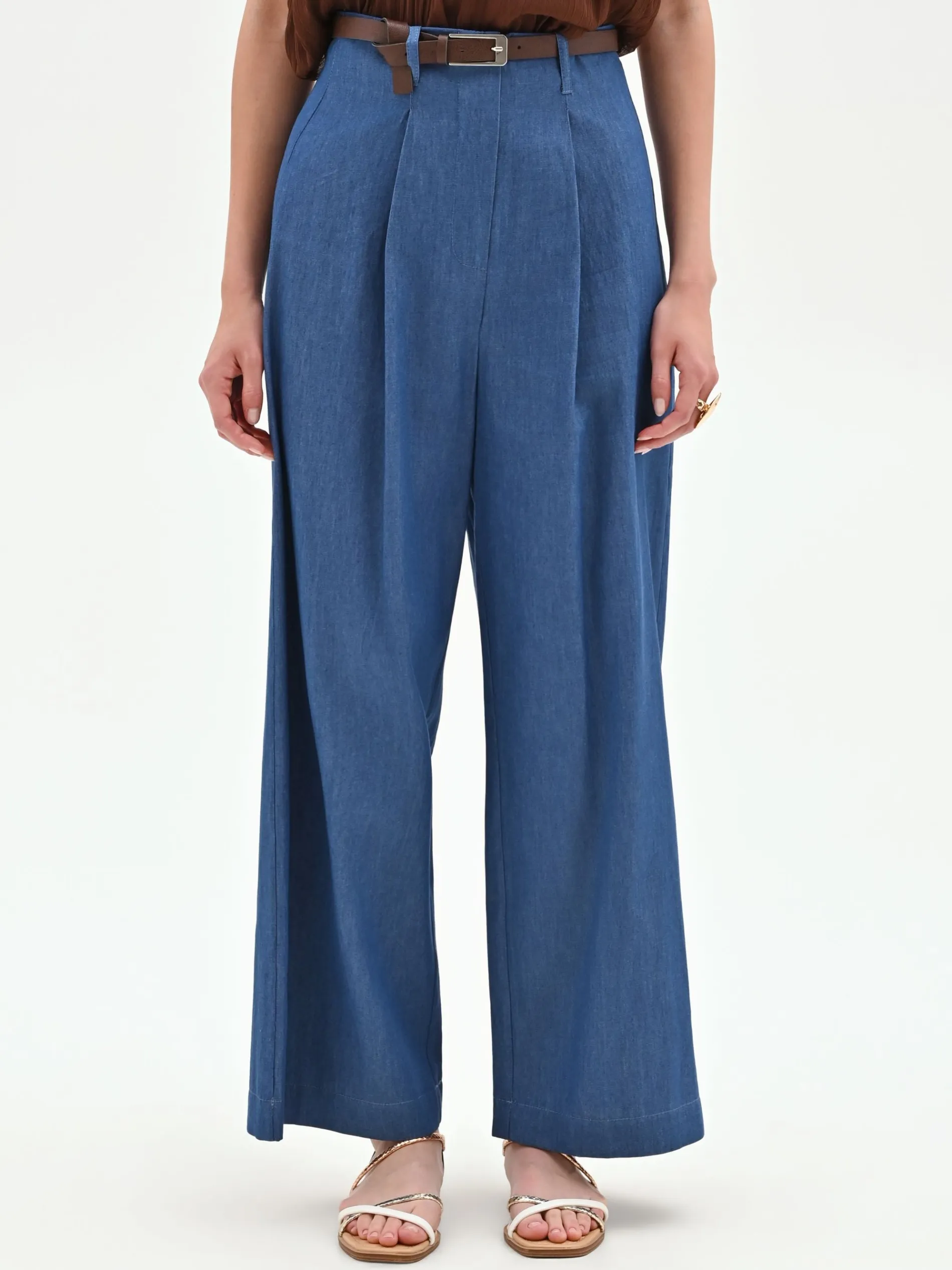 PANTALONE A PALAZZO BLU INDACO CON CINTURA