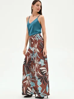 PANTALONE A PALAZZO CIOCCOLATO CON STAMPA BOTANICA