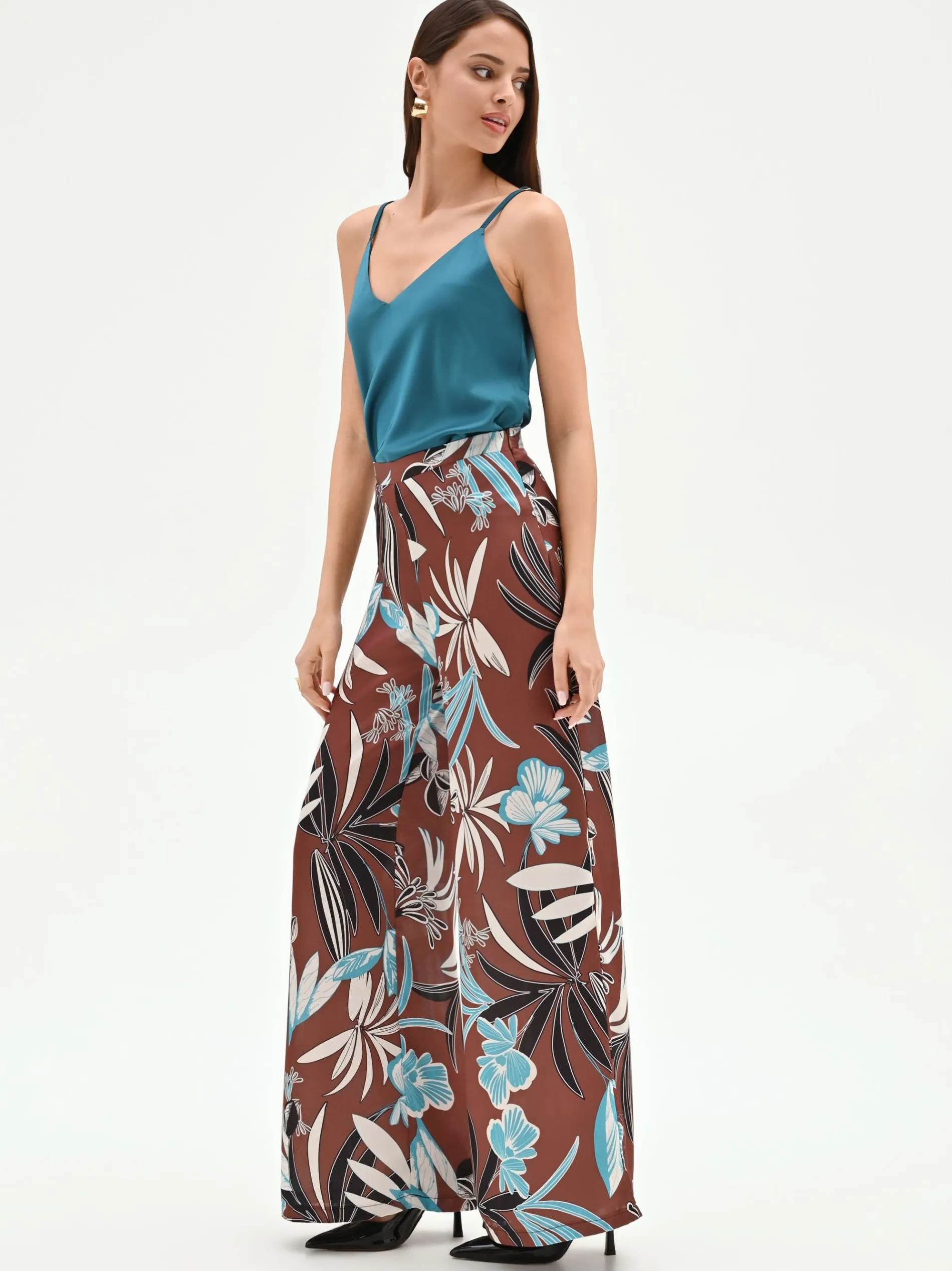 PANTALONE A PALAZZO CIOCCOLATO CON STAMPA BOTANICA