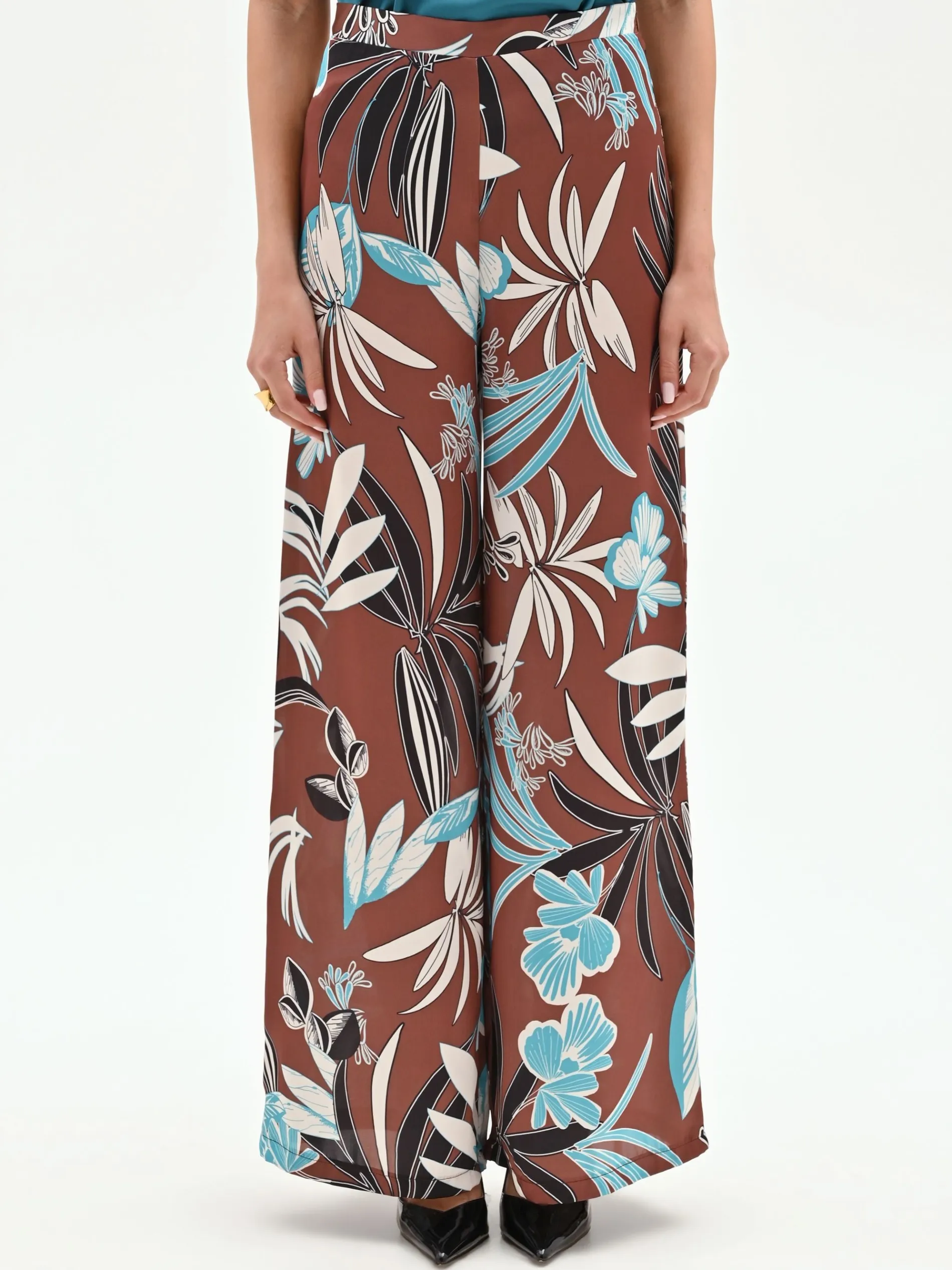 PANTALONE A PALAZZO CIOCCOLATO CON STAMPA BOTANICA