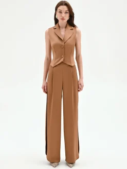 PANTALONE A PALAZZO MARRONE BRONZO CON PINCES