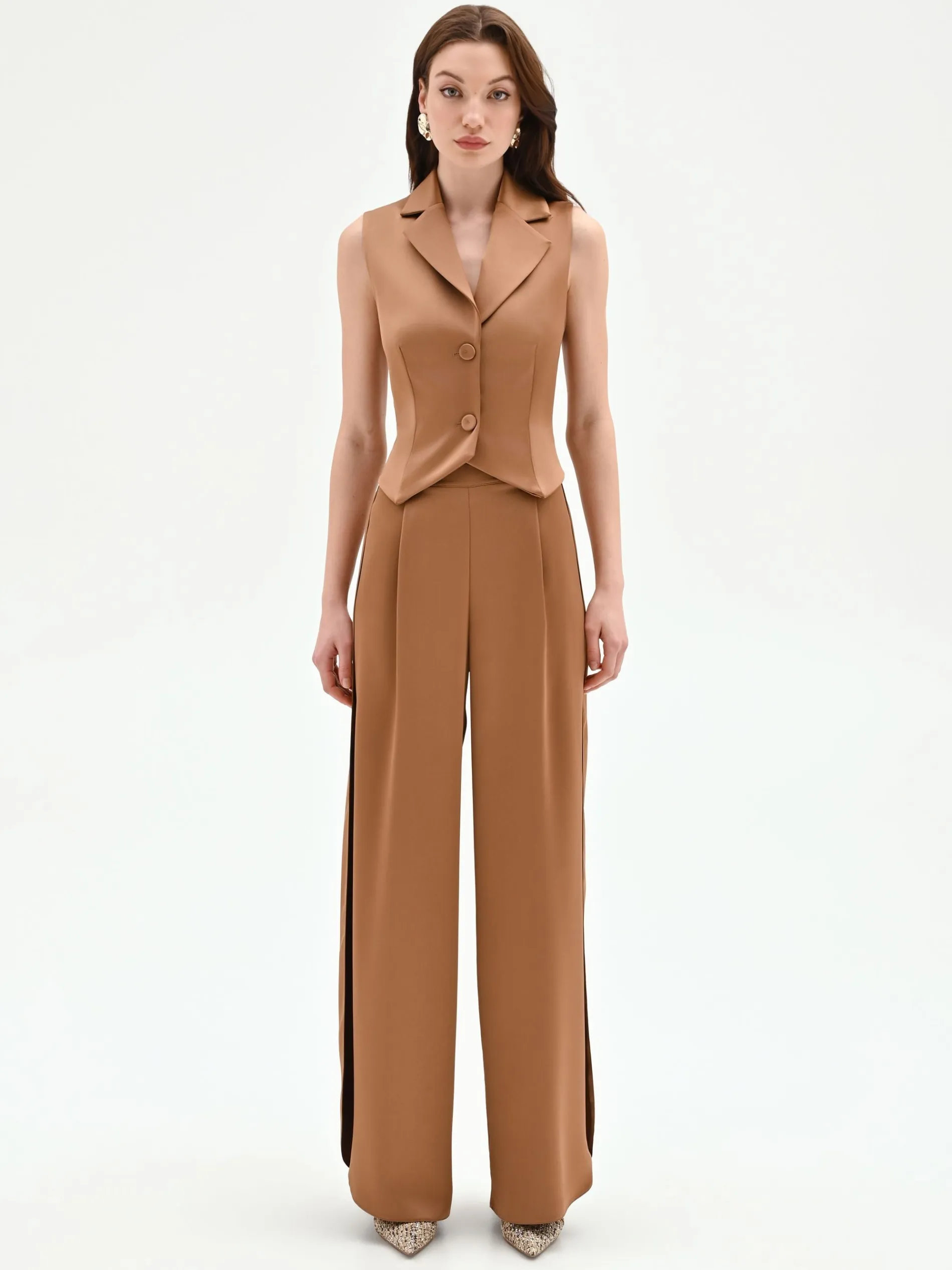 PANTALONE A PALAZZO MARRONE BRONZO CON PINCES