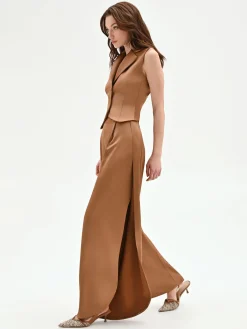 PANTALONE A PALAZZO MARRONE BRONZO CON PINCES