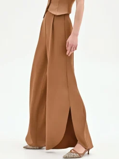 PANTALONE A PALAZZO MARRONE BRONZO CON PINCES