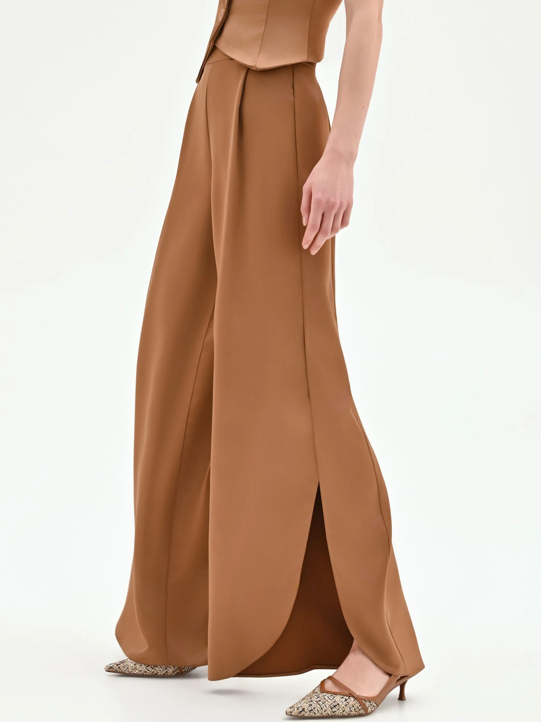PANTALONE A PALAZZO MARRONE BRONZO CON PINCES