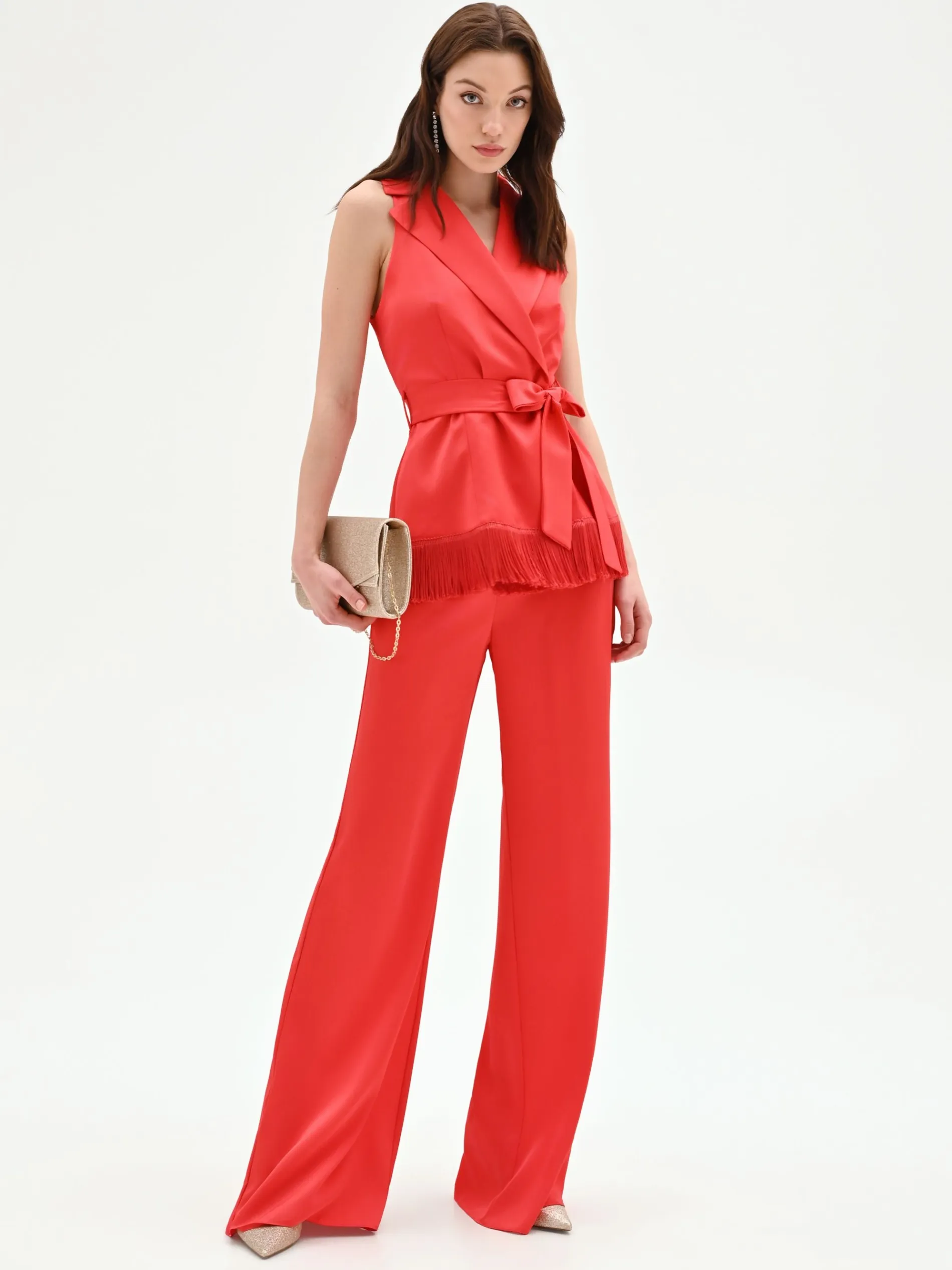 PANTALONE A PALAZZO ROSSO FRAGOLA IN RASO