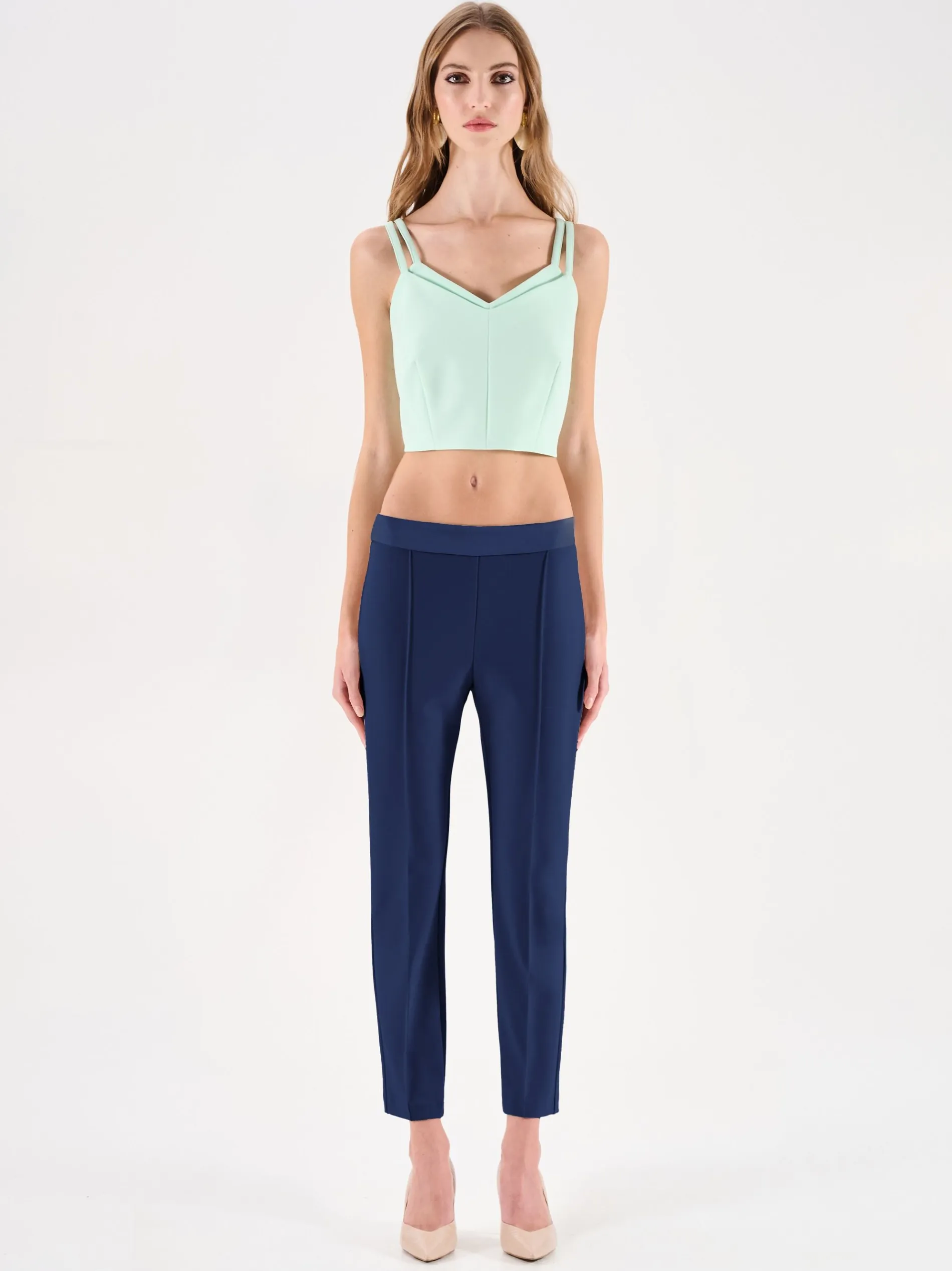 PANTALONE BLU A SIGARETTA CON CINTURINO A CONTRASTO