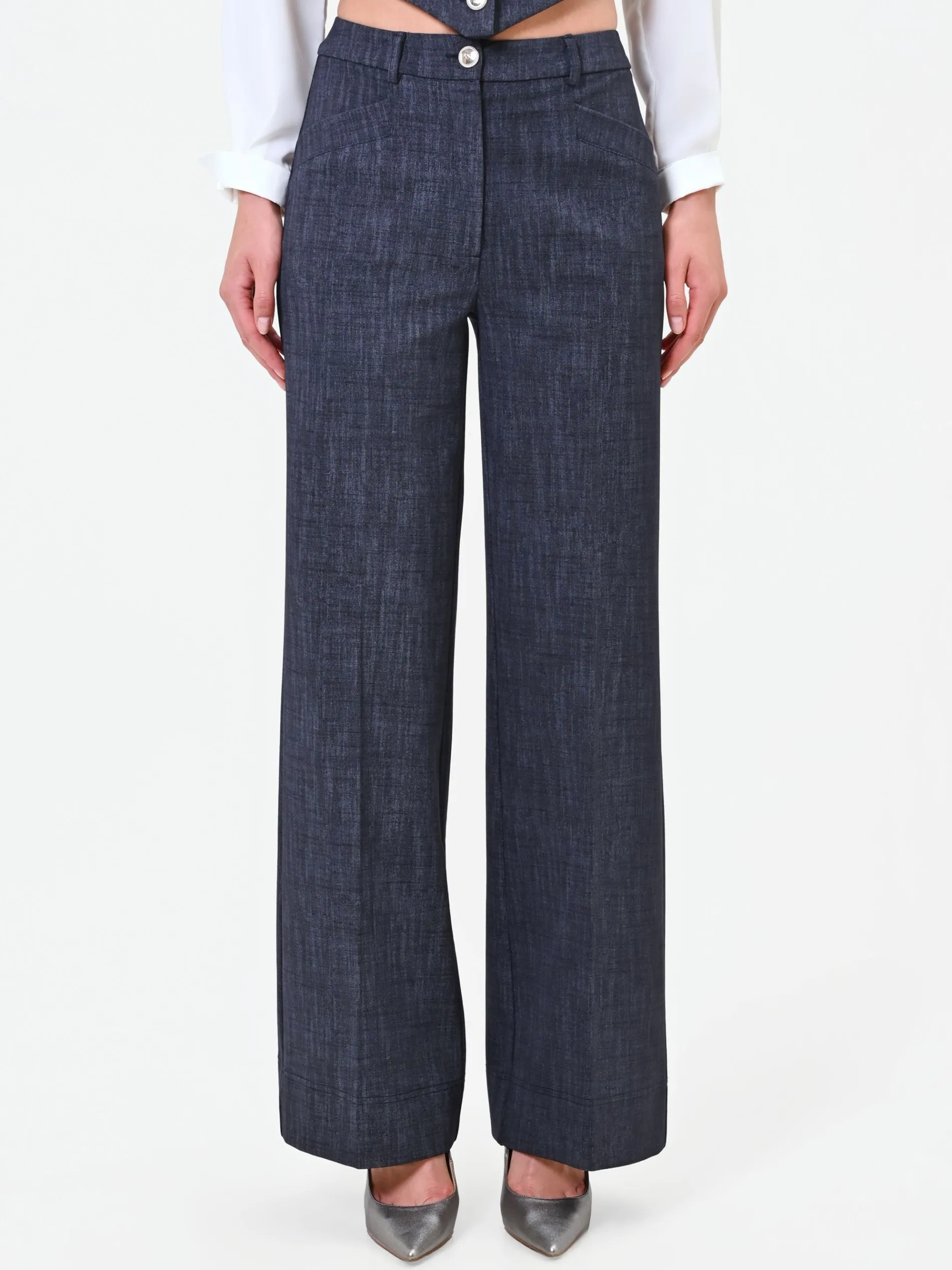 PANTALONE BLU NAVY A PALAZZO CON RISVOLTO