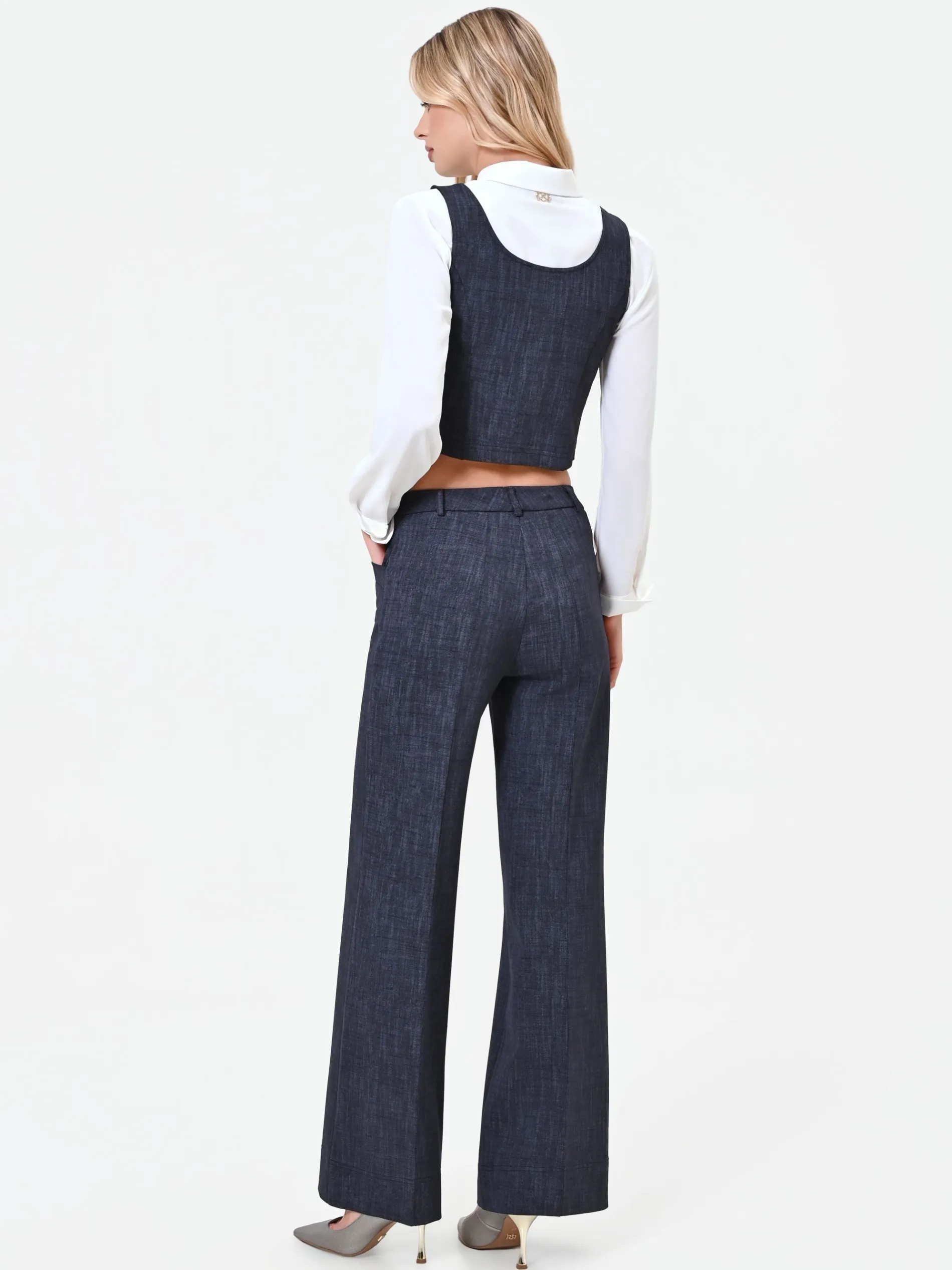 PANTALONE BLU NAVY A PALAZZO CON RISVOLTO